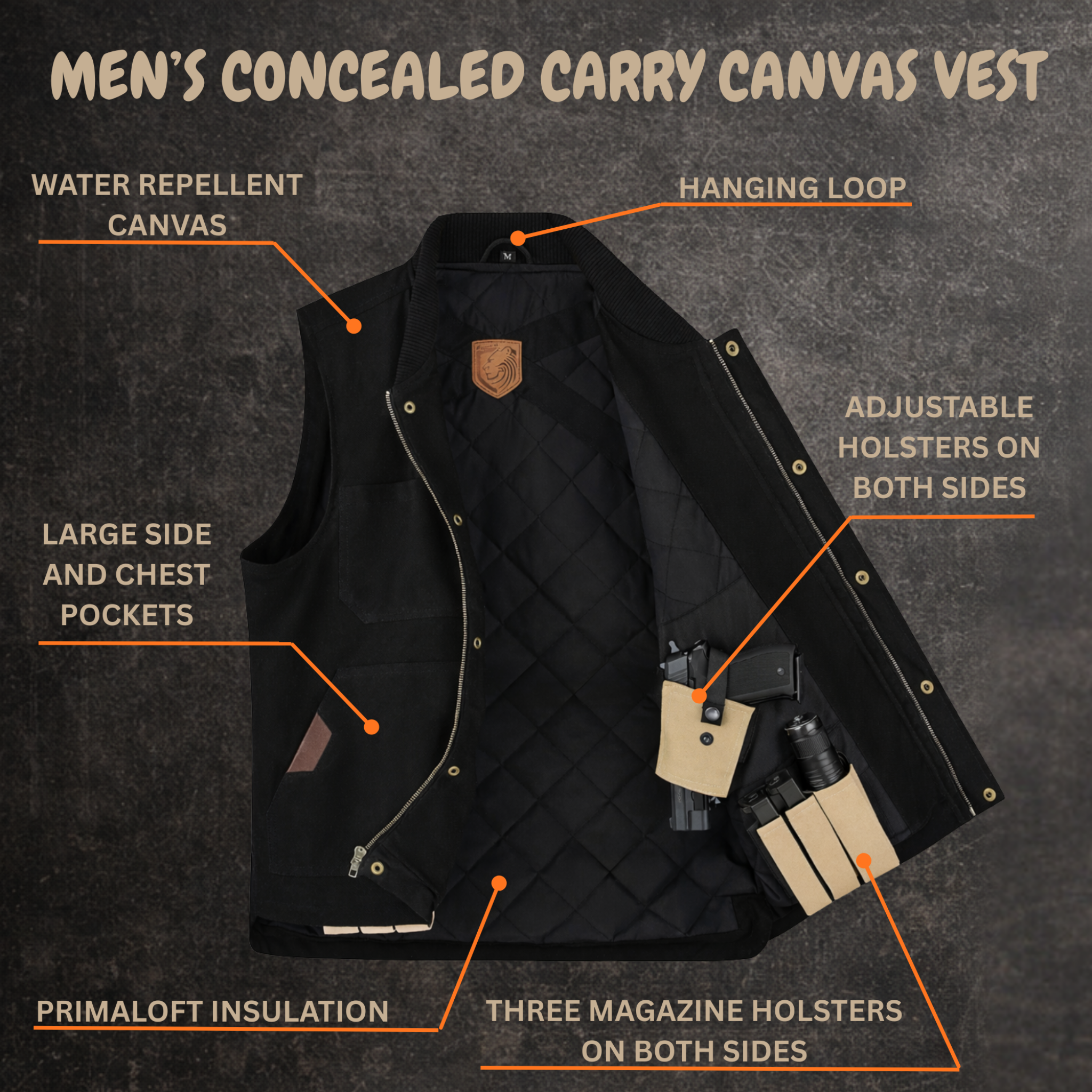 Riparo Concealed Carry Canvas Vest – Insulated Water-Repellent CCW Vest with Dual Internal Holster Pockets