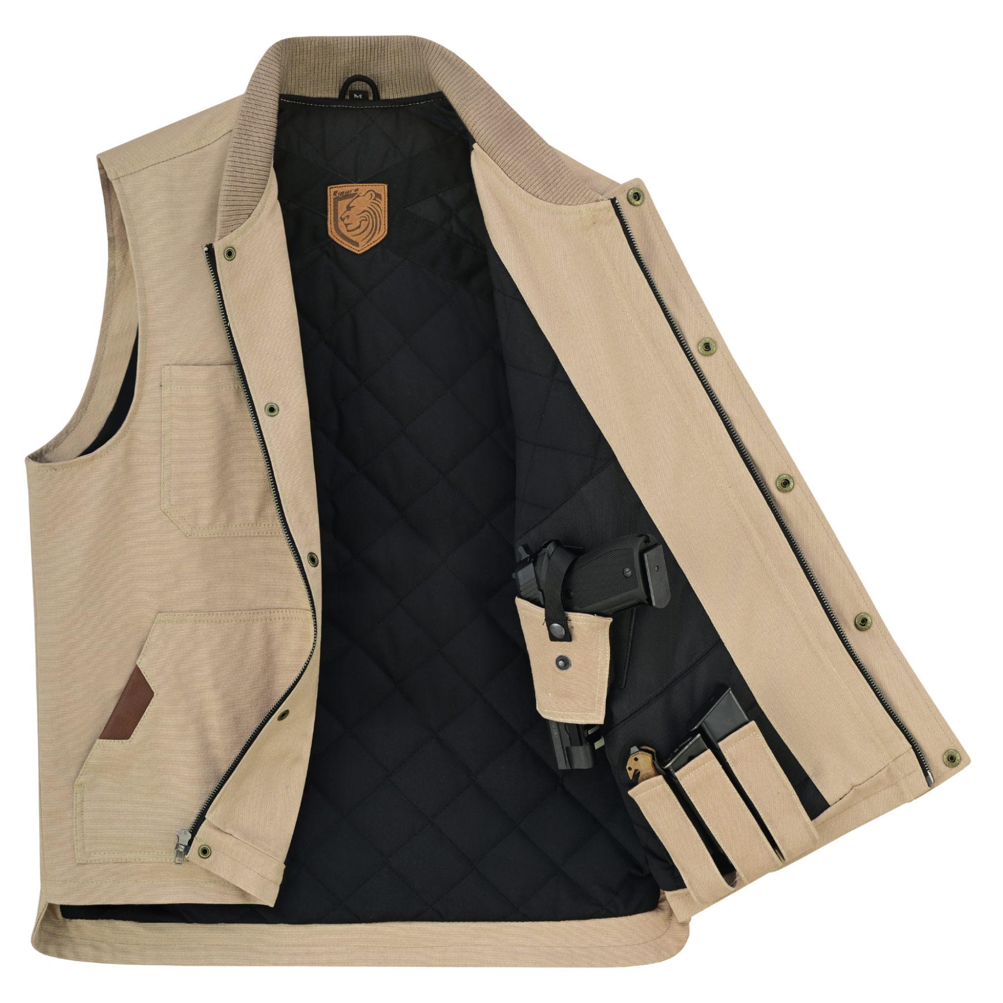 Riparo Men’s Concealed Carry CCW Vest – Heavy-Duty Water Repellent Canvas – Dual Internal Holster Pockets – Insulated - Biege