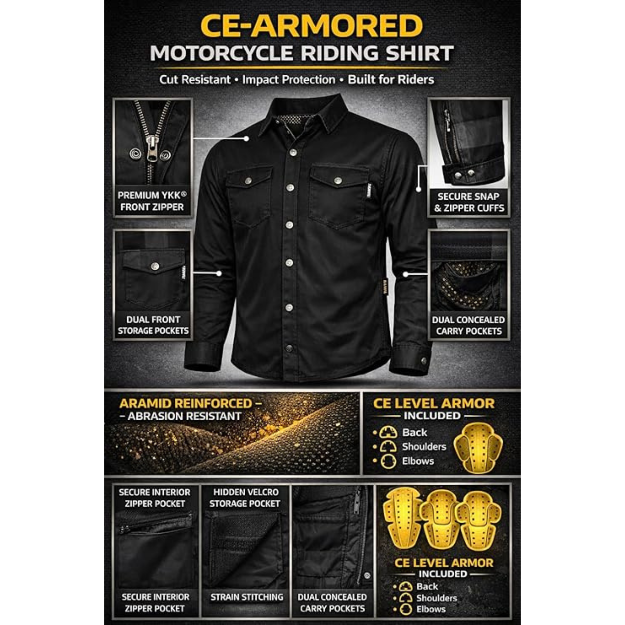 CE A Rated Armored Motorcycle Riding Shirt – Kevlar Reinforced with CE Level 1 Armor (Lightweight & Breathable) | Riparo
