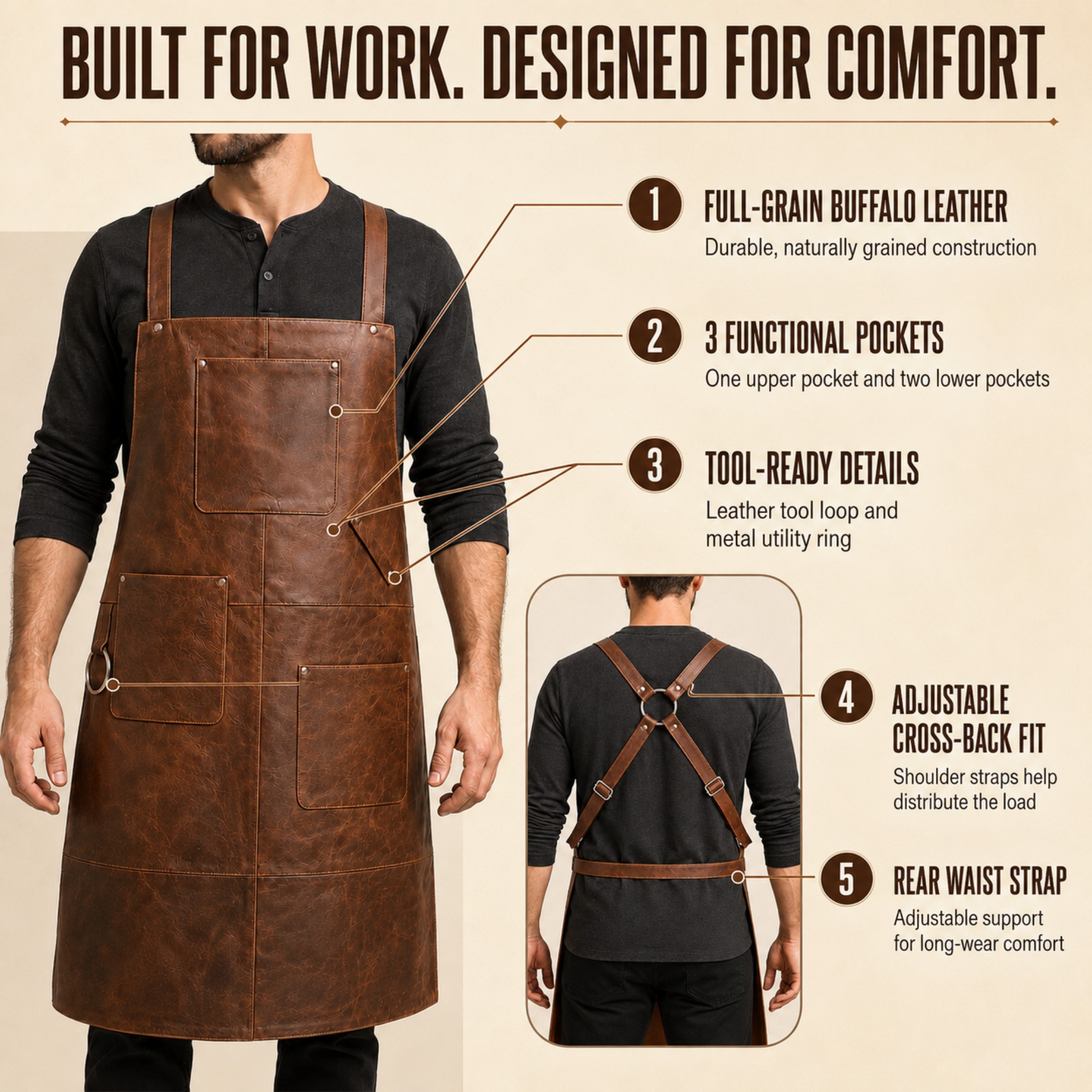 Premium Lined Full-Grain Buffalo Leather Apron – Cross-Back BBQ & Workshop