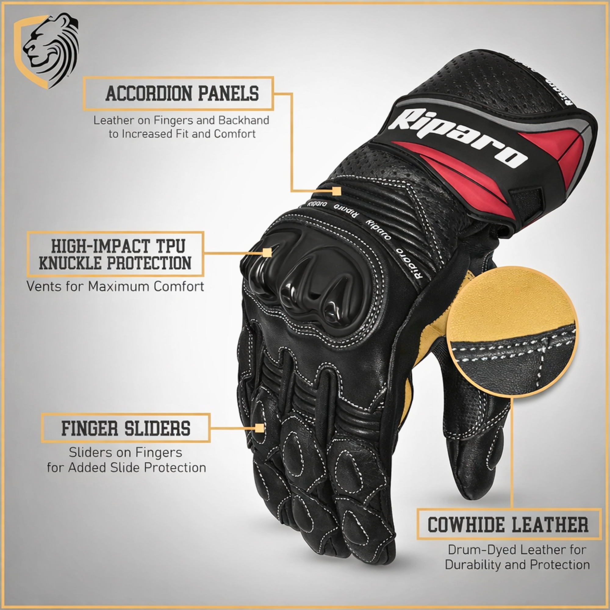 CE Level 2 KP Certified Motorcycle Gloves – Full-Grain Leather, Knuckle Protection & Touchscreen Compatible