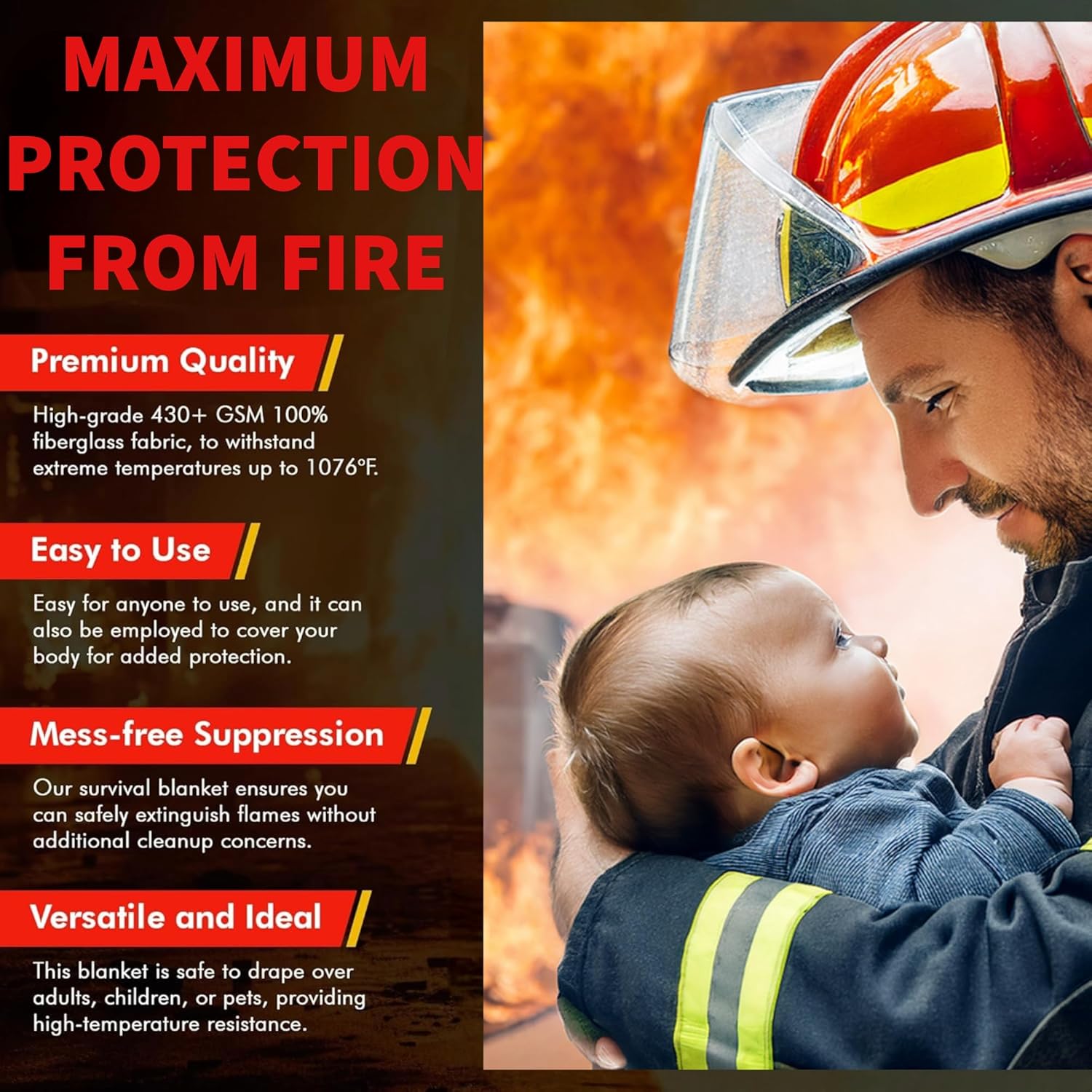 Fireproof Safety Blankets for Home and Kitchen - 2 Pack W/Hooks – 40" x 40" - Fire Retardant Blanket