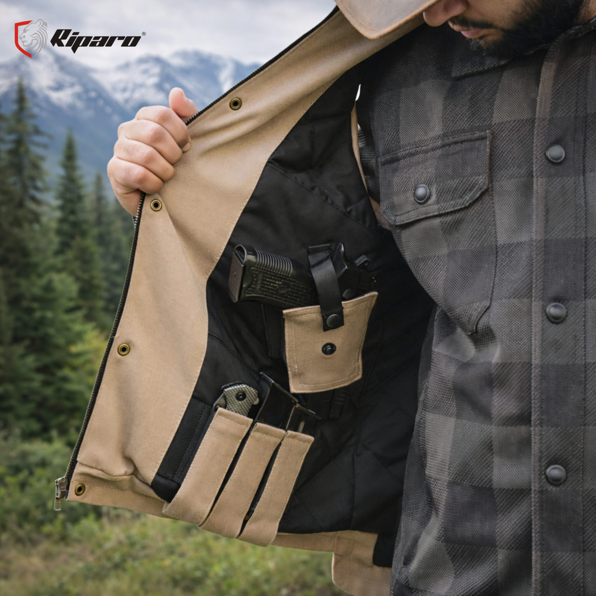 Riparo Men’s Concealed Carry CCW Vest – Heavy-Duty Water Repellent Canvas – Dual Internal Holster Pockets – Insulated - Biege