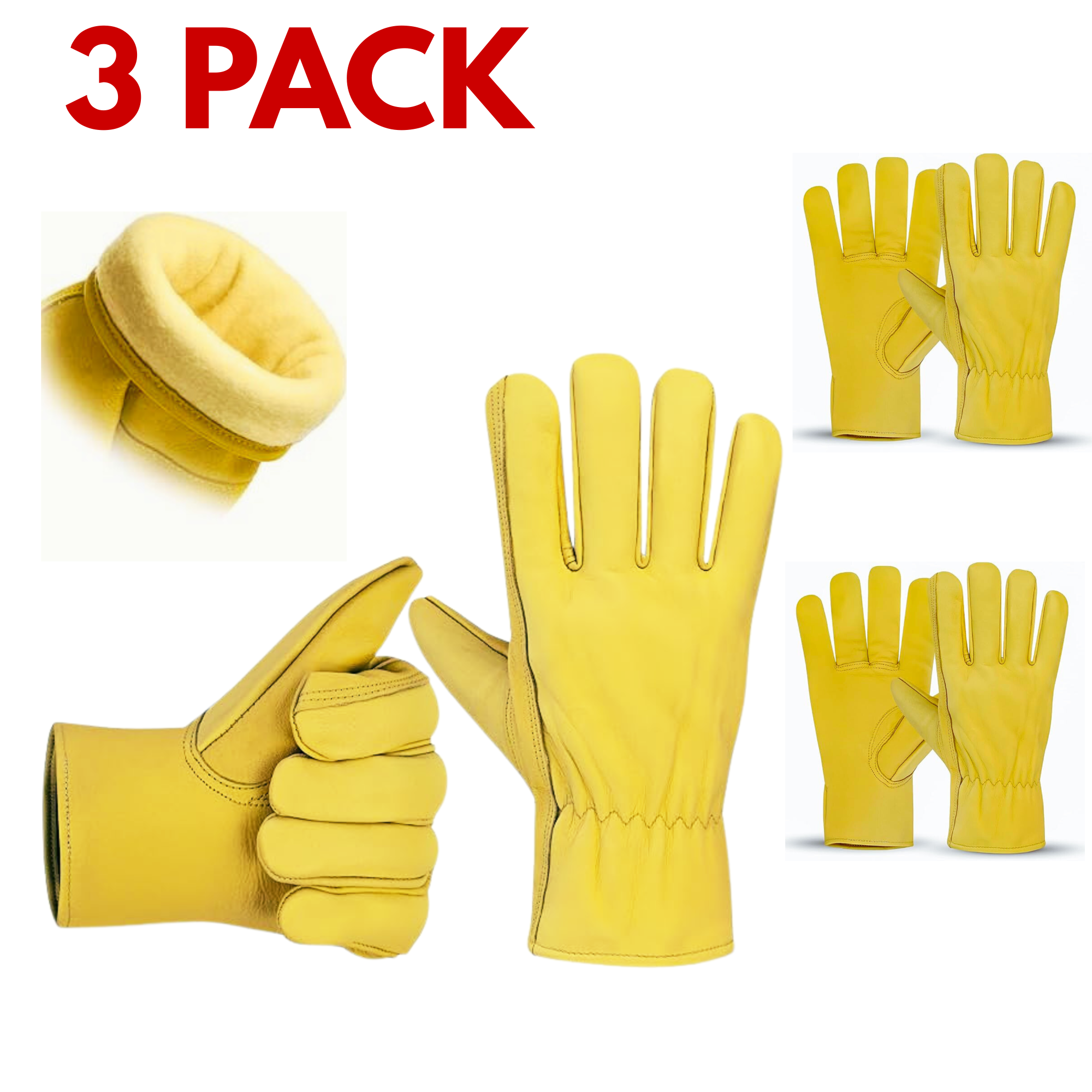 Leather Work Gloves, Warm 3M Thinsulate Lining for Cold Weather Work, Thermal Insulated Gloves (3-Pack)