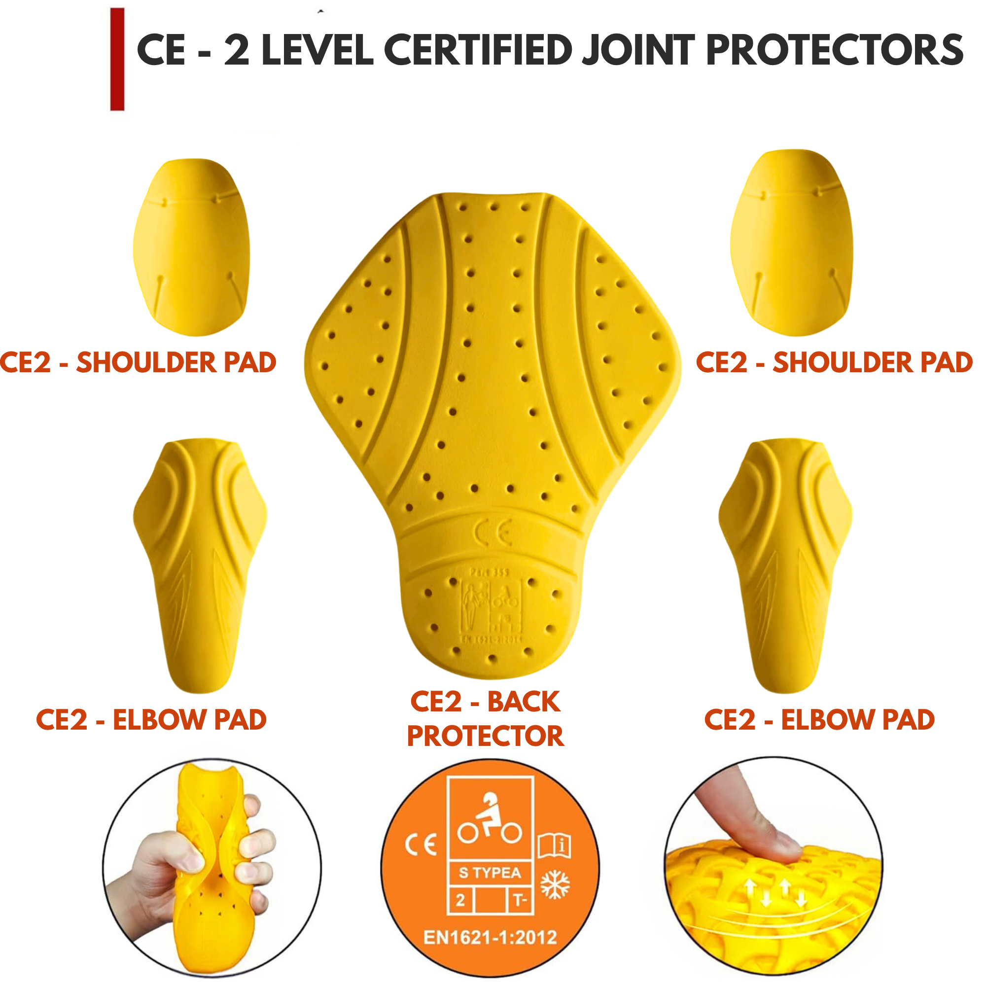 5 PC - CE Level 2 Certified Armor Pads - Back, Shoulder and Elbows Armor Protector Inserts for Motorcycle Jackets