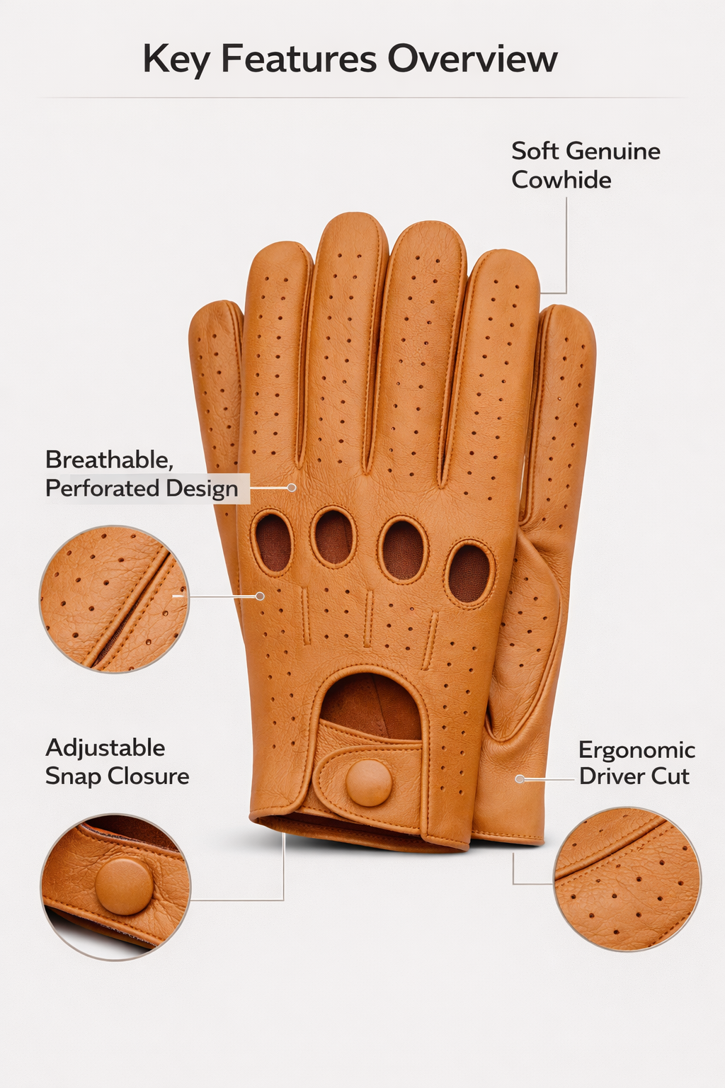 Riparo Men’s Perforated Leather Driving Gloves – Genuine Cowhide, Classic Full-Finger Motoring Style – Breathable Luxury Driving Gloves