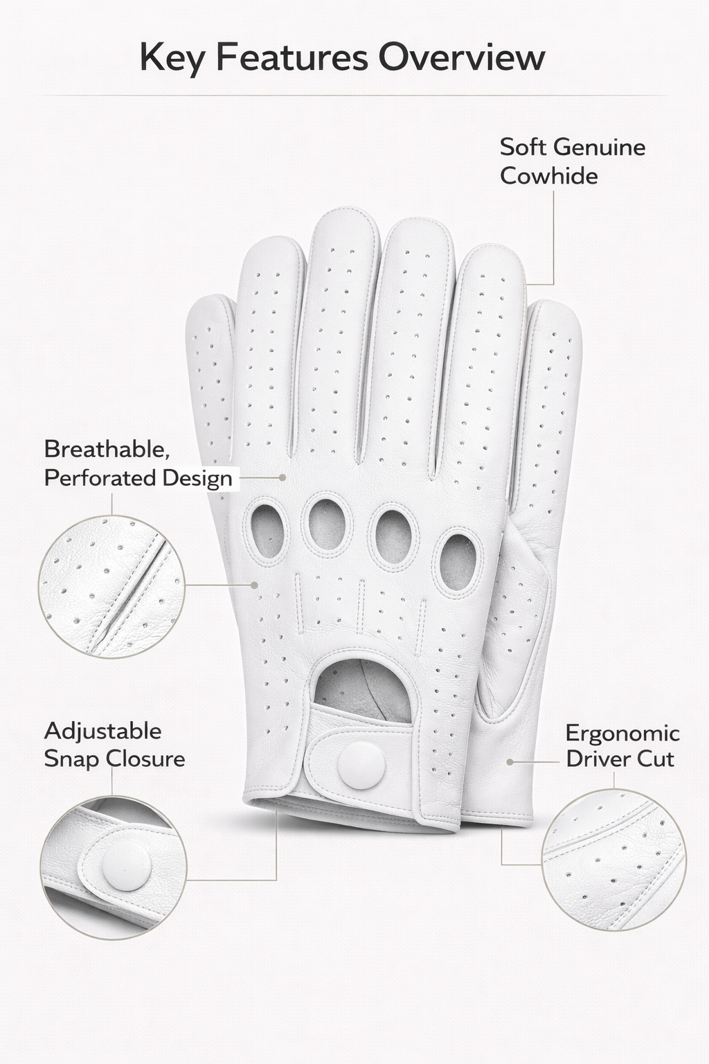 Riparo Men’s Perforated Leather Driving Gloves – Genuine Cowhide, Classic Full-Finger Motoring Style – Breathable Luxury Driving Gloves