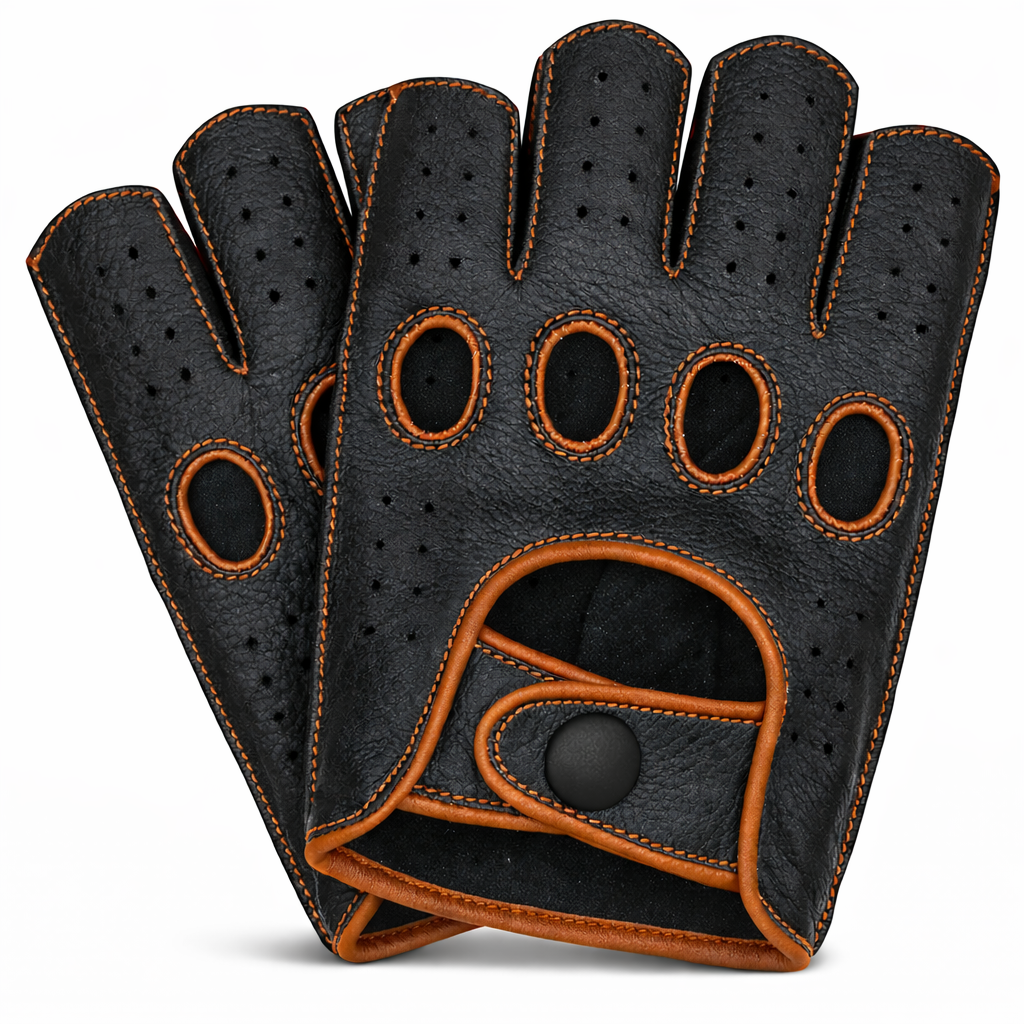 Riparo Men’s Fingerless Leather Driving Gloves – Reverse Stitched Cowhide Classic Motoring Gloves