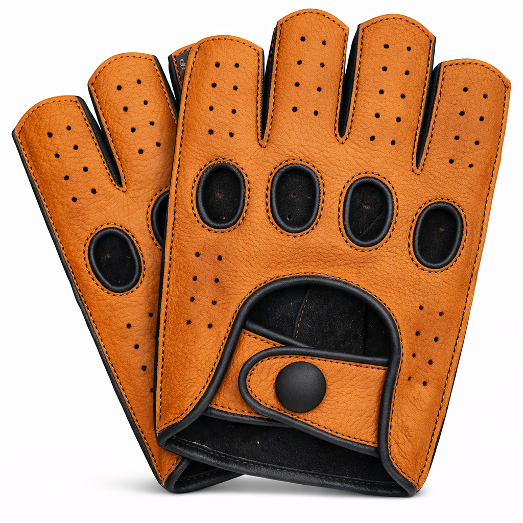 Riparo Men’s Fingerless Leather Driving Gloves – Reverse Stitched Cowhide Classic Motoring Gloves