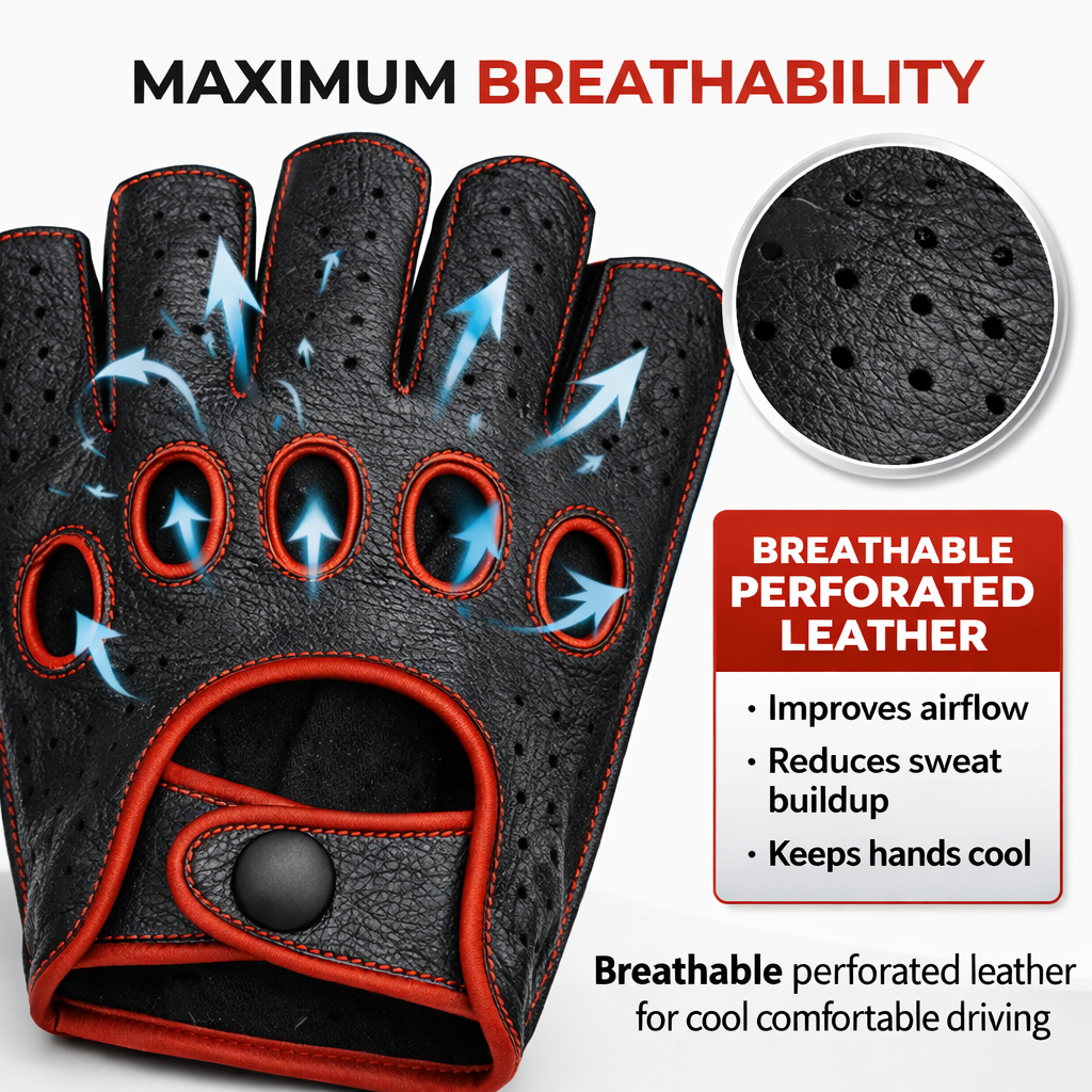 Riparo Men’s Fingerless Leather Driving Gloves – Reverse Stitched Cowhide Classic Motoring Gloves