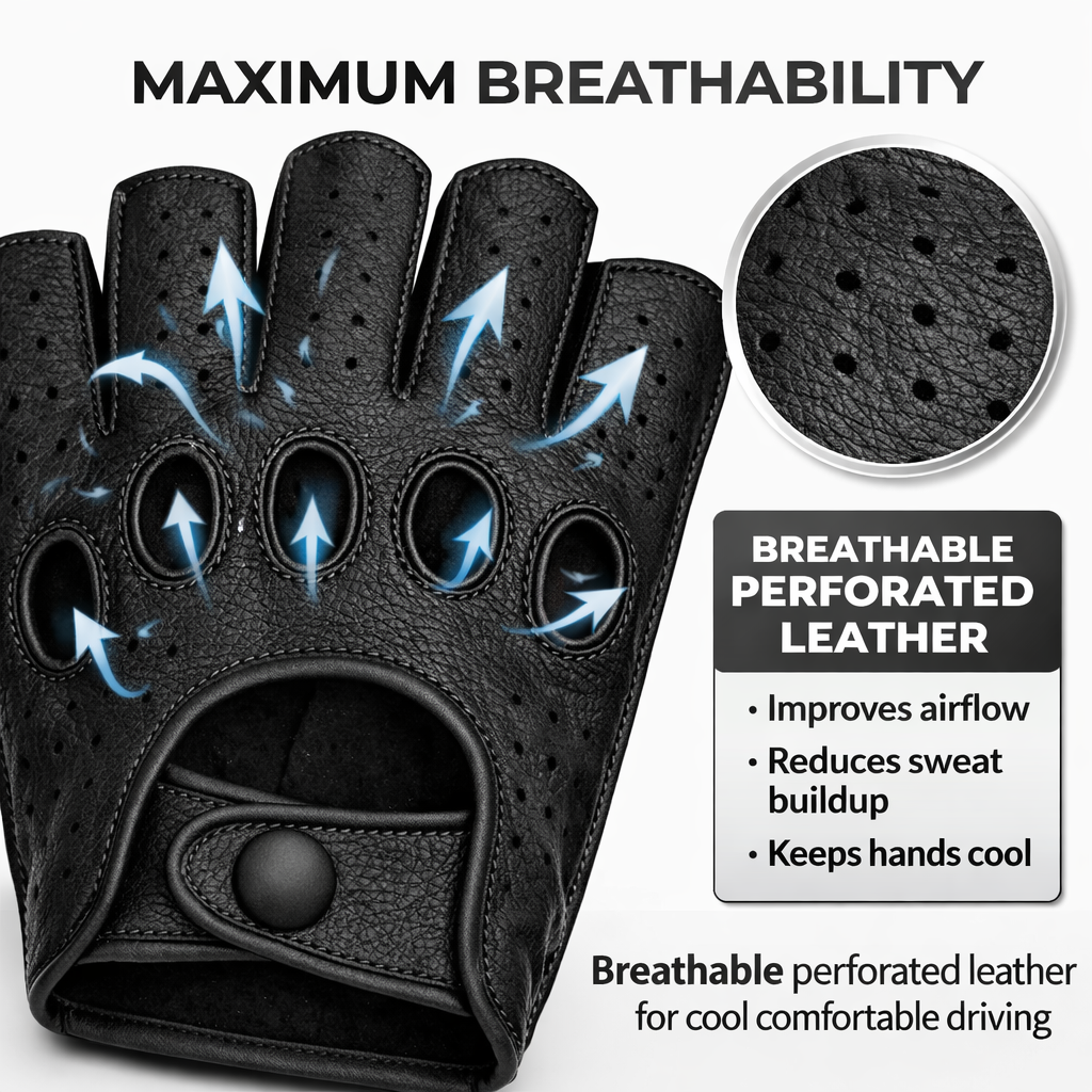 Riparo Men’s Fingerless Leather Driving Gloves – Reverse Stitched Cowhide Classic Motoring Gloves