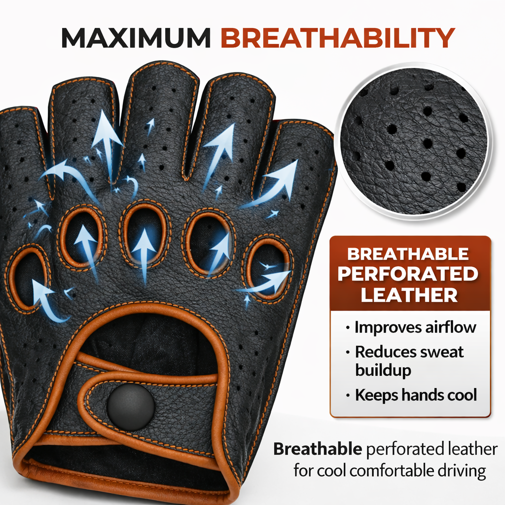Riparo Men’s Fingerless Leather Driving Gloves – Reverse Stitched Cowhide Classic Motoring Gloves