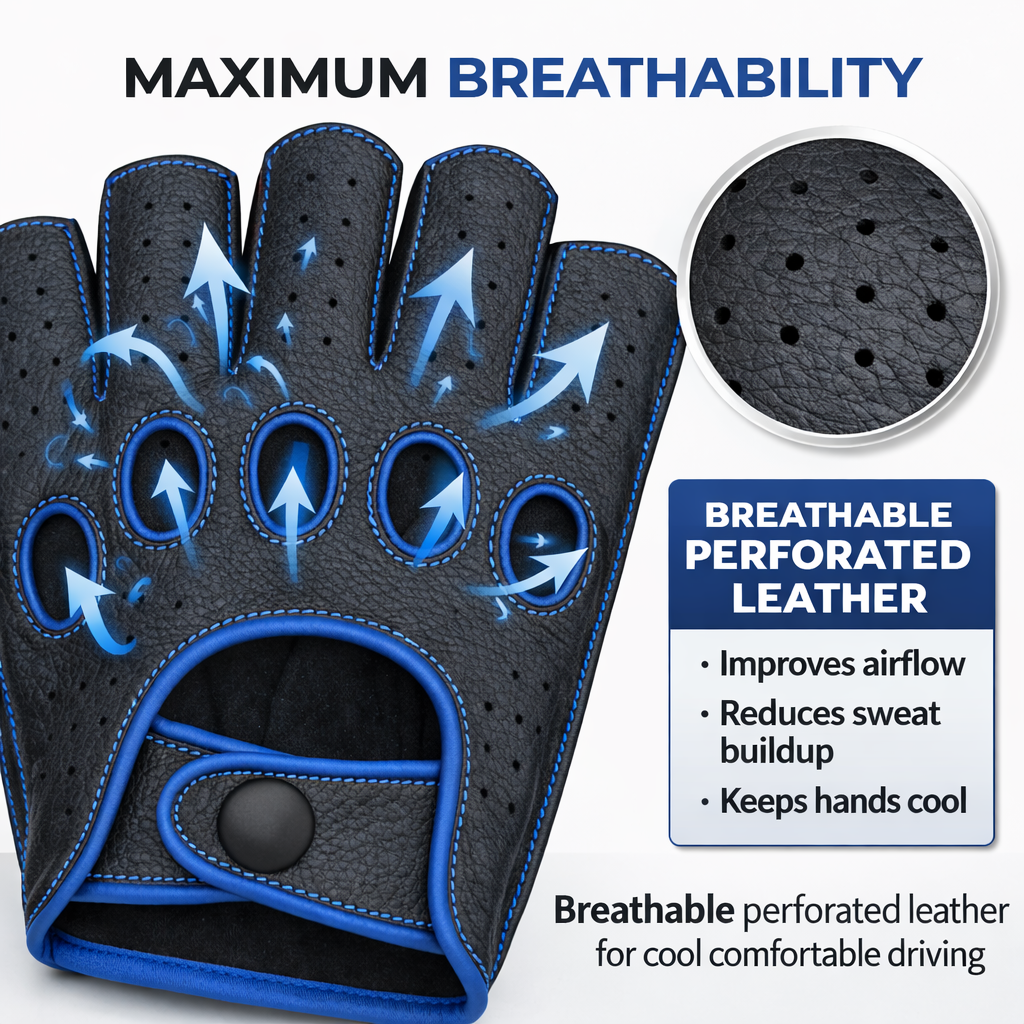Riparo Men’s Fingerless Leather Driving Gloves – Reverse Stitched Cowhide Classic Motoring Gloves