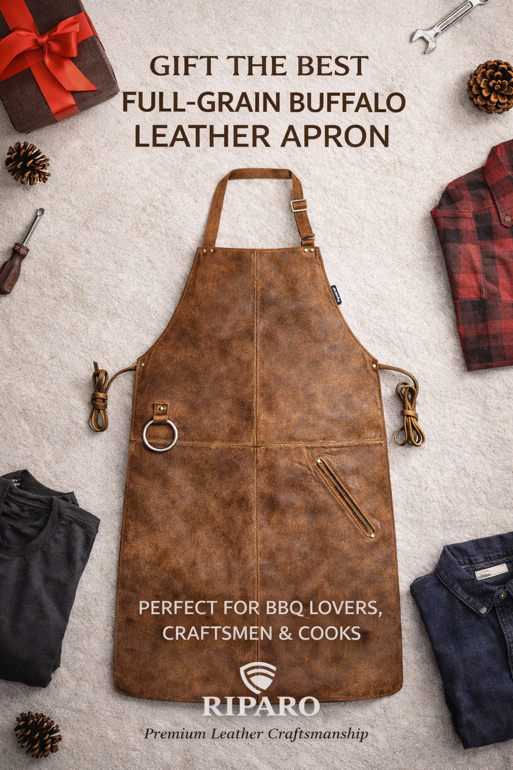 Full-Grain Leather Apron – Adjustable Cross-Back BBQ, Grilling & Woodworking Apron