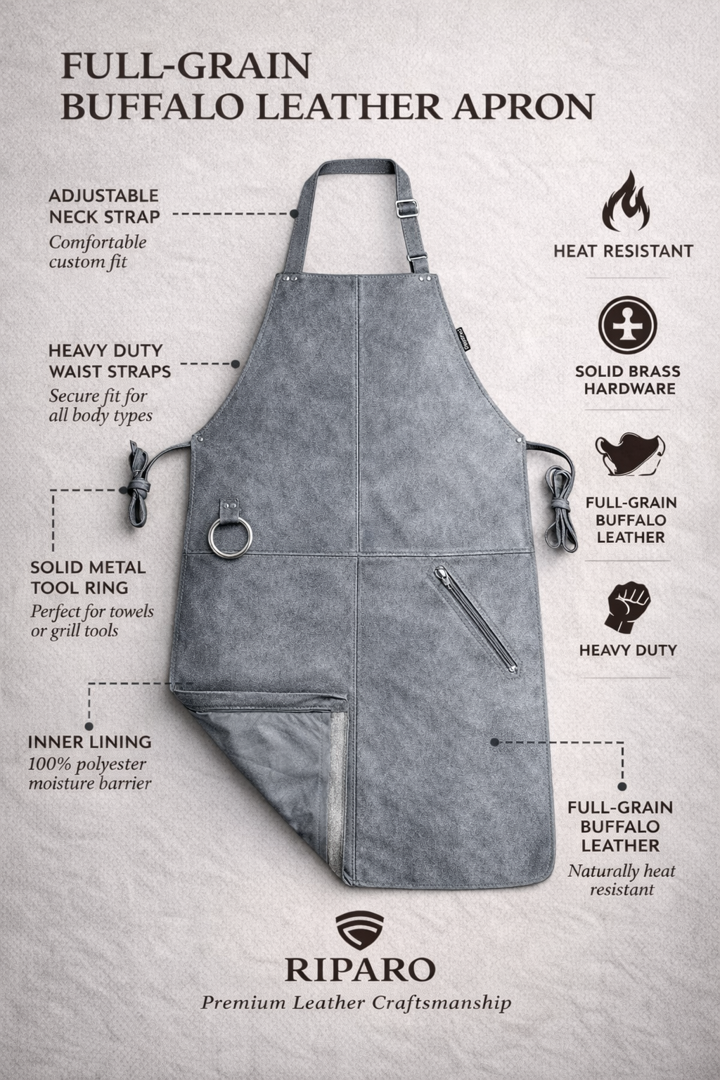 Full-Grain Leather Apron – Adjustable Cross-Back BBQ, Grilling & Woodworking Apron