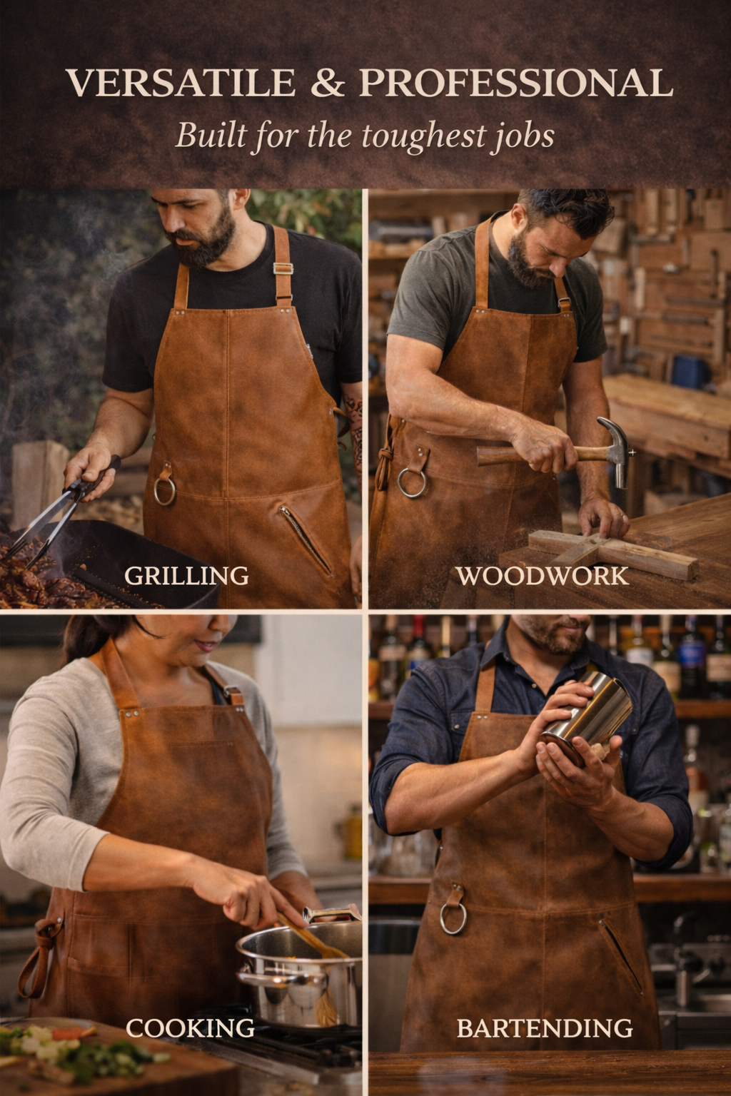 Full-Grain Leather Apron – Adjustable Cross-Back BBQ, Grilling & Woodworking Apron