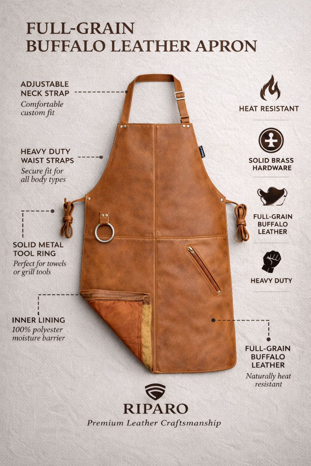Full-Grain Leather Apron – Adjustable Cross-Back BBQ, Grilling & Woodworking Apron