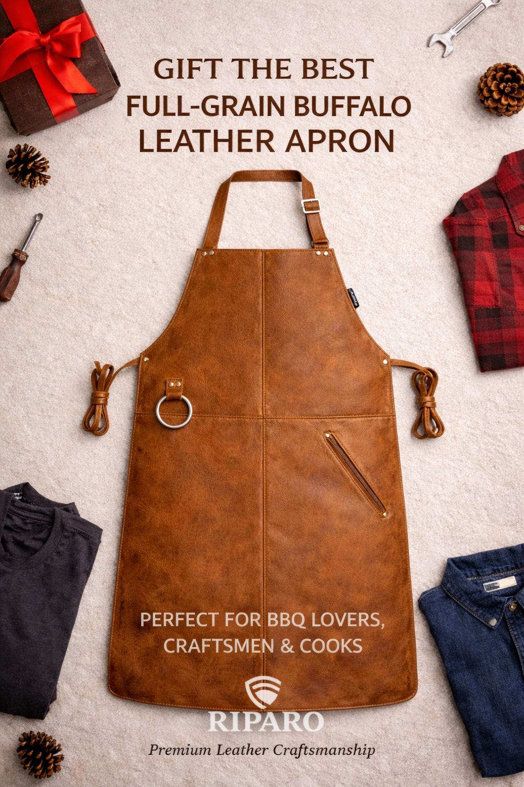 Full-Grain Leather Apron – Adjustable Cross-Back BBQ, Grilling & Woodworking Apron