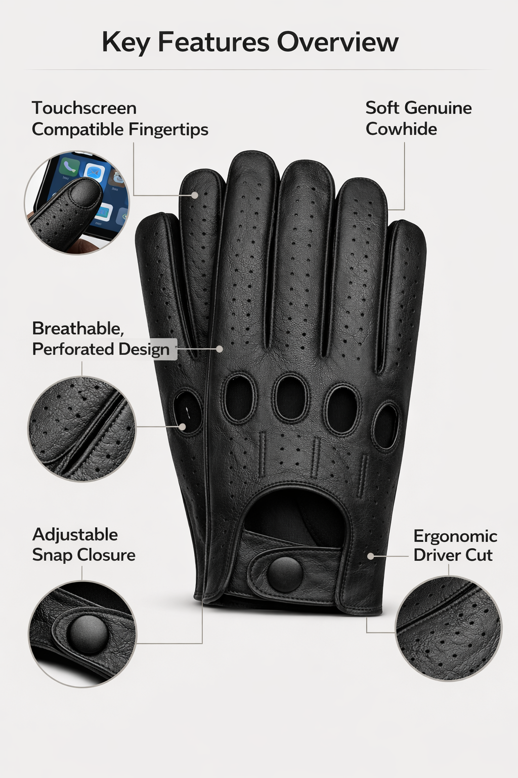 Riparo Men’s Perforated Leather Driving Gloves – Genuine Cowhide, Touchscreen Full-Finger Motorsport Style – Breathable Luxury Driving Gloves