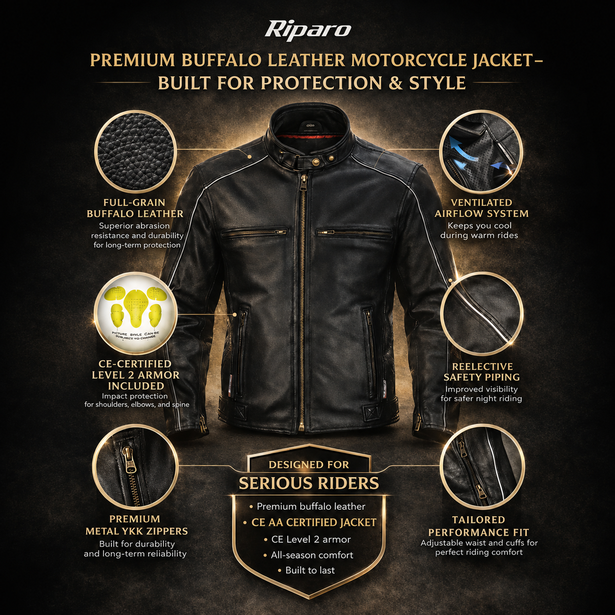 AA Rated Armored Leather Motorcycle Jacket | CE Level 2 Armor + Full-Grain Leather