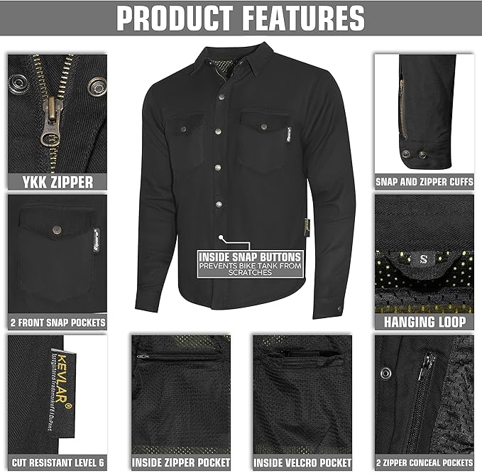 Riparo Motorcycle Riding Shirt, Armored Shirt with Kevlar and CE Removable Protectors - Black