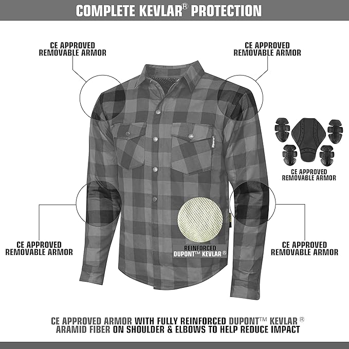 Riparo Motorcycle Riding Long Sleeve Shirt, Armored Shirt with Kevlar and CE Removable Protectors - Black/Grey