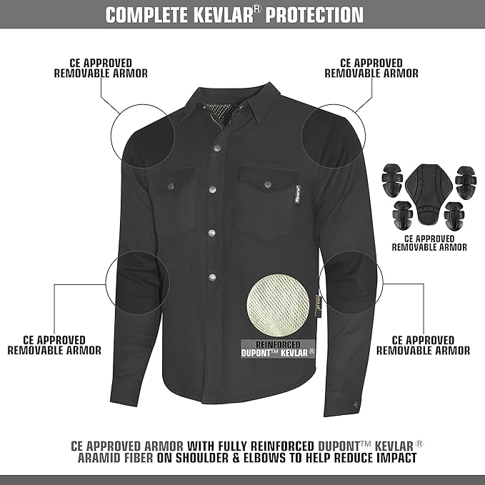 Riparo Motorcycle Riding Shirt, Armored Shirt with Kevlar and CE Removable Protectors - Black