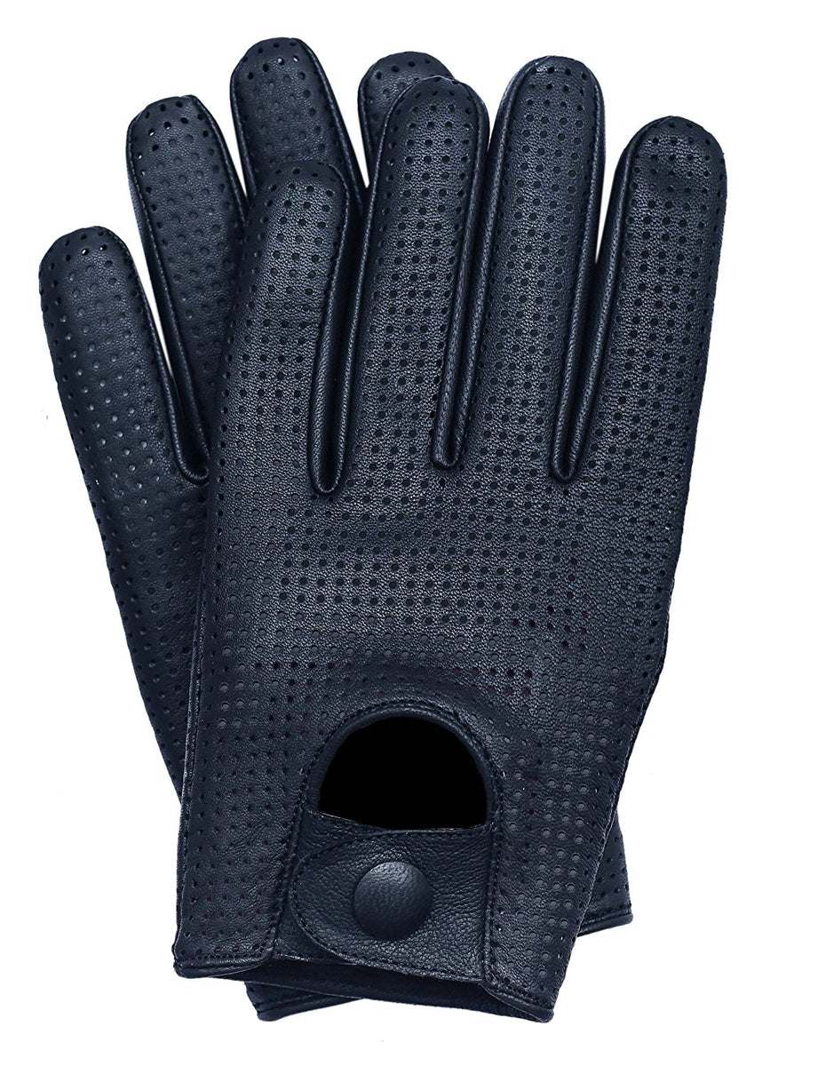 Men's Leather Mesh Perforated Driving Gloves Black