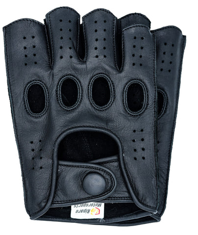 Men's Reverse Stitched Fingerless Leather Driving Gloves - Black