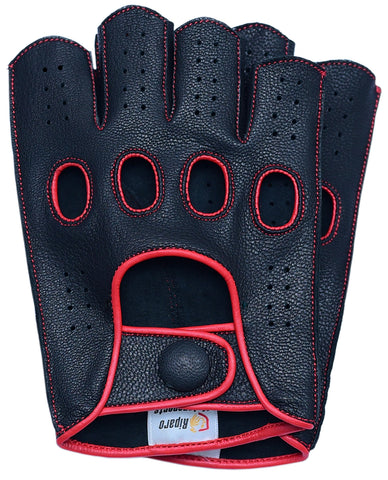 Men's Reverse Stitched Fingerless Leather Driving Gloves - Black/Red