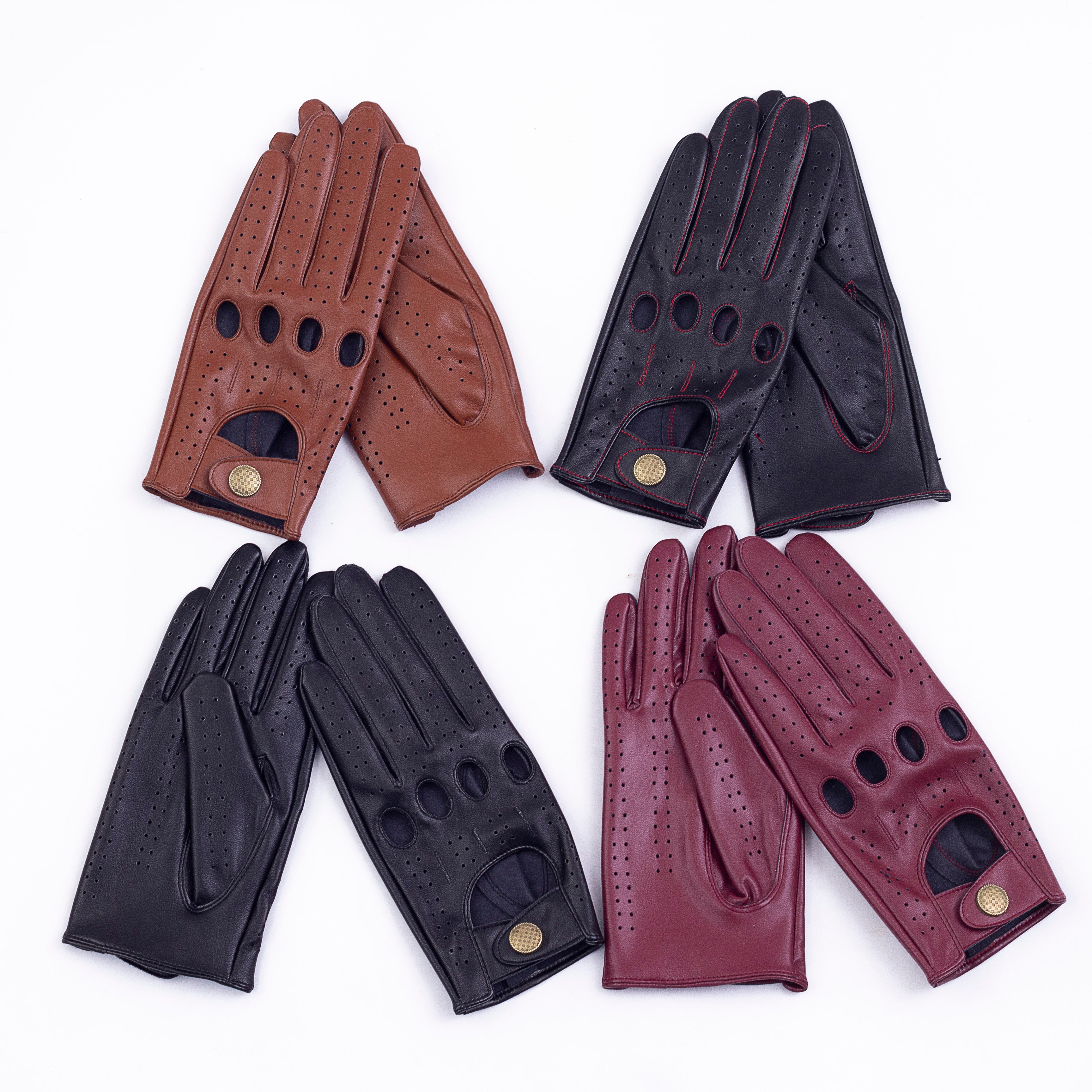 Men's Vegan Leather Full-finger Driving Gloves - Black