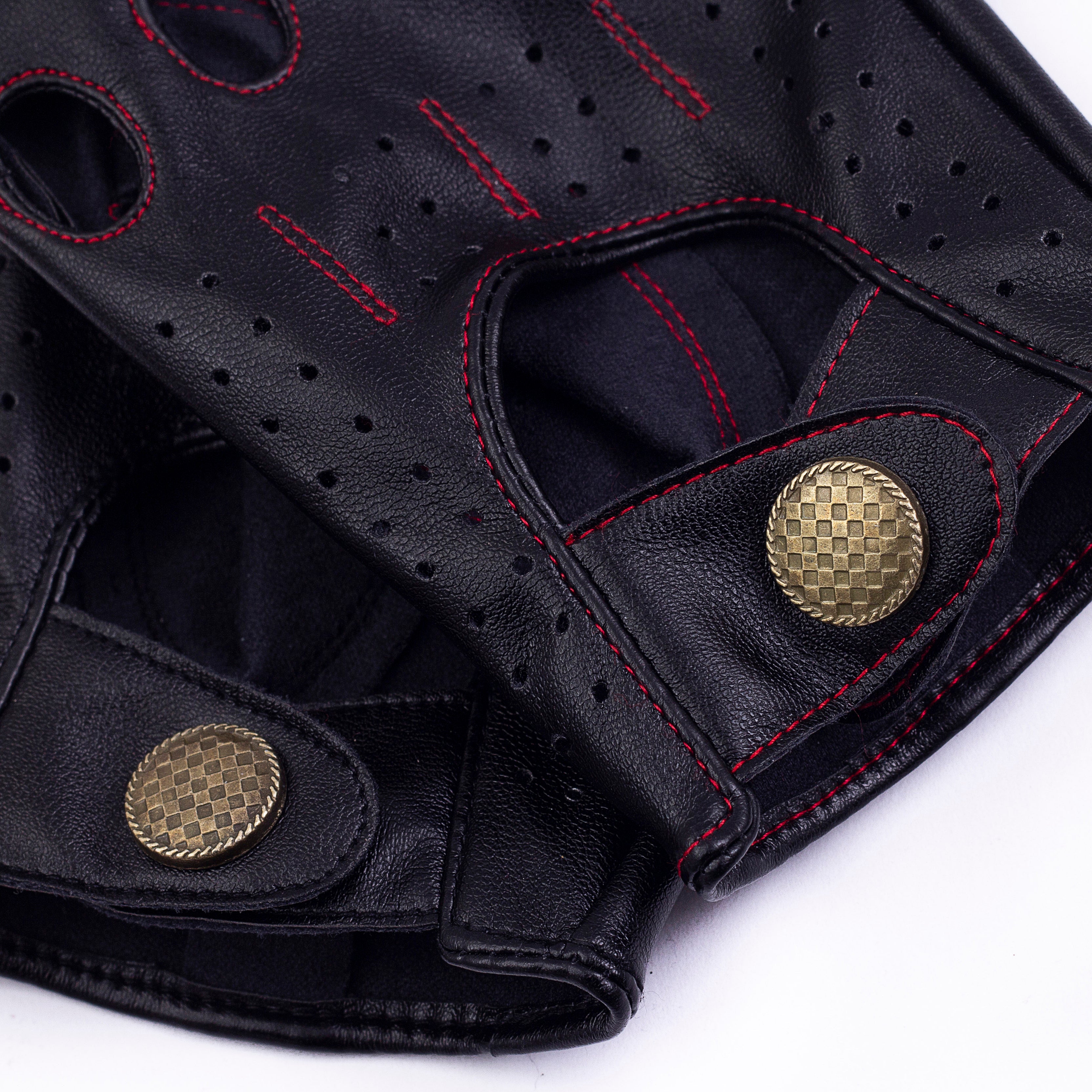 Men's Vegan Leather Full-finger Driving Gloves - Black/Red Thread