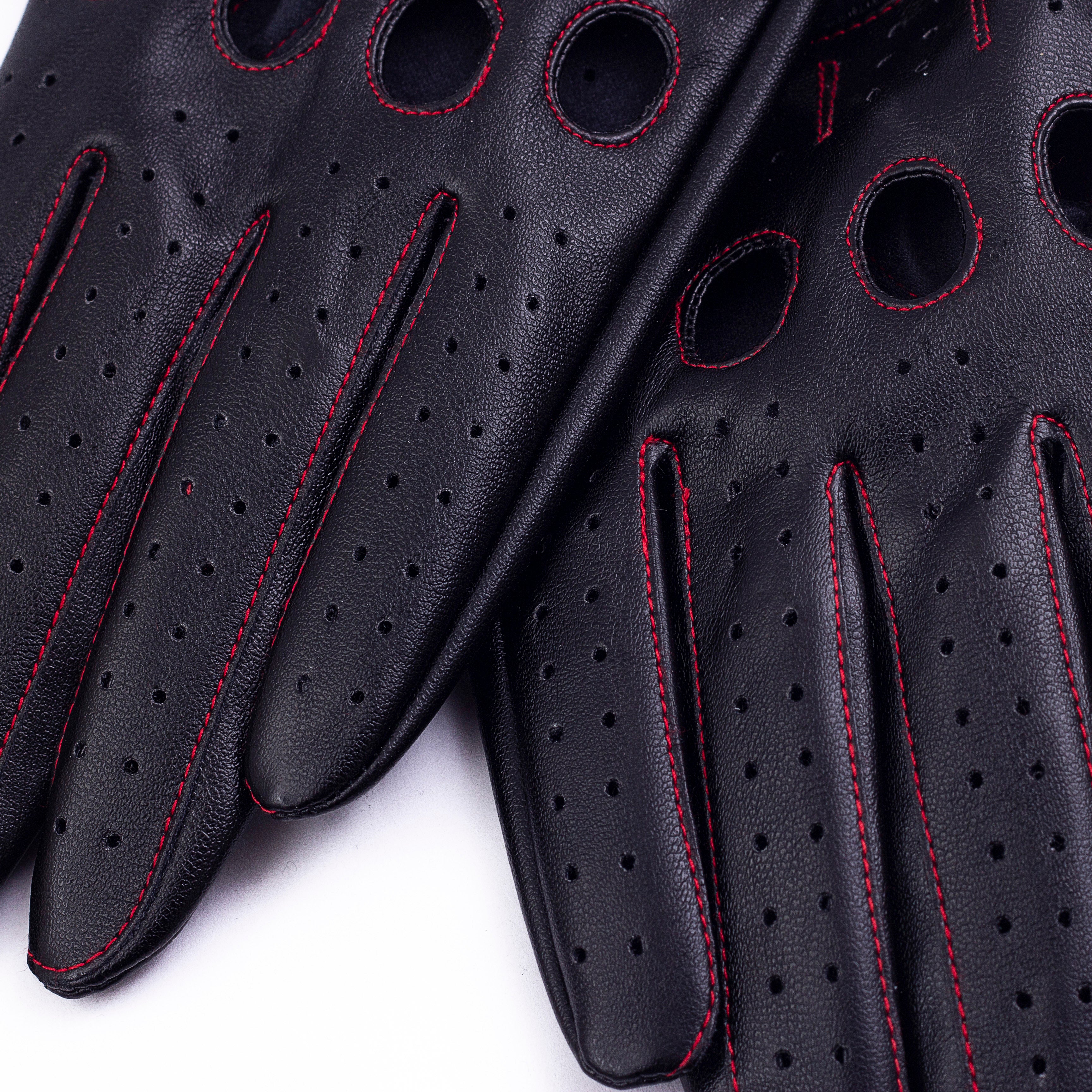 Men's Vegan Leather Full-finger Driving Gloves - Black/Red Thread