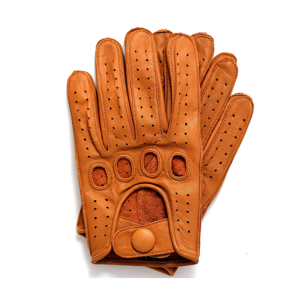 Men s Reverse Stitched Leather Full Finger Driving Gloves Cognac
