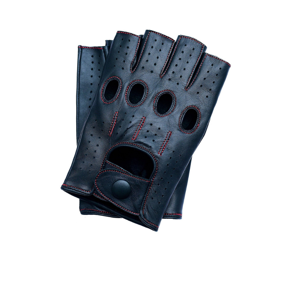Men's Fingerless Driving Leather Gloves - Black/Red Thread