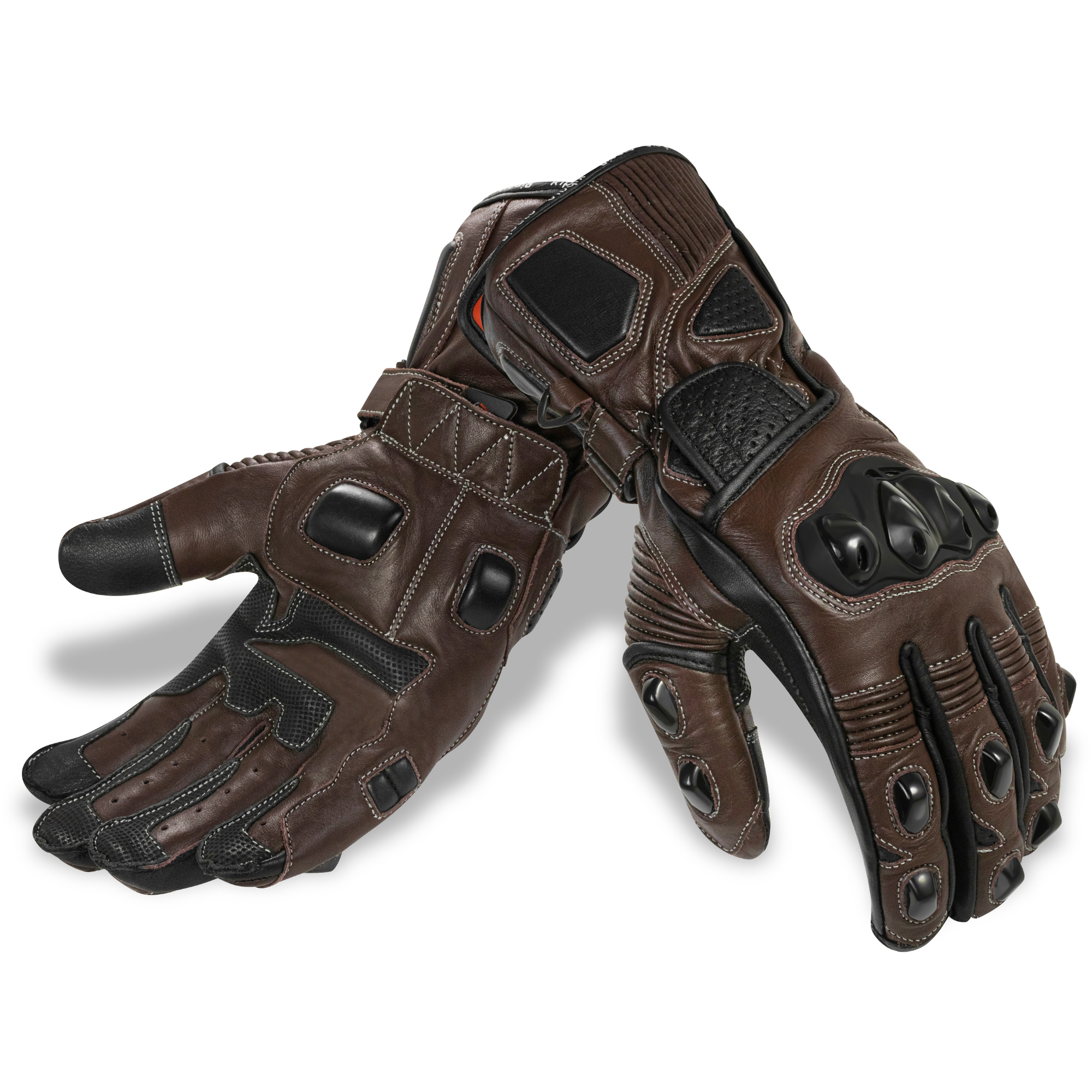 Genuine Leather Full Gauntlet Motorcycle Gloves - Brown