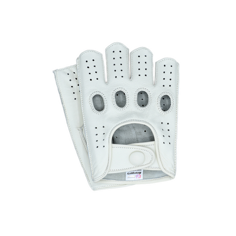 Men's Reverse Stitched Fingerless Leather Driving Gloves - White