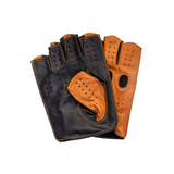 Men's Reverse Stitched Fingerless Leather Driving Gloves - Cognac/Black
