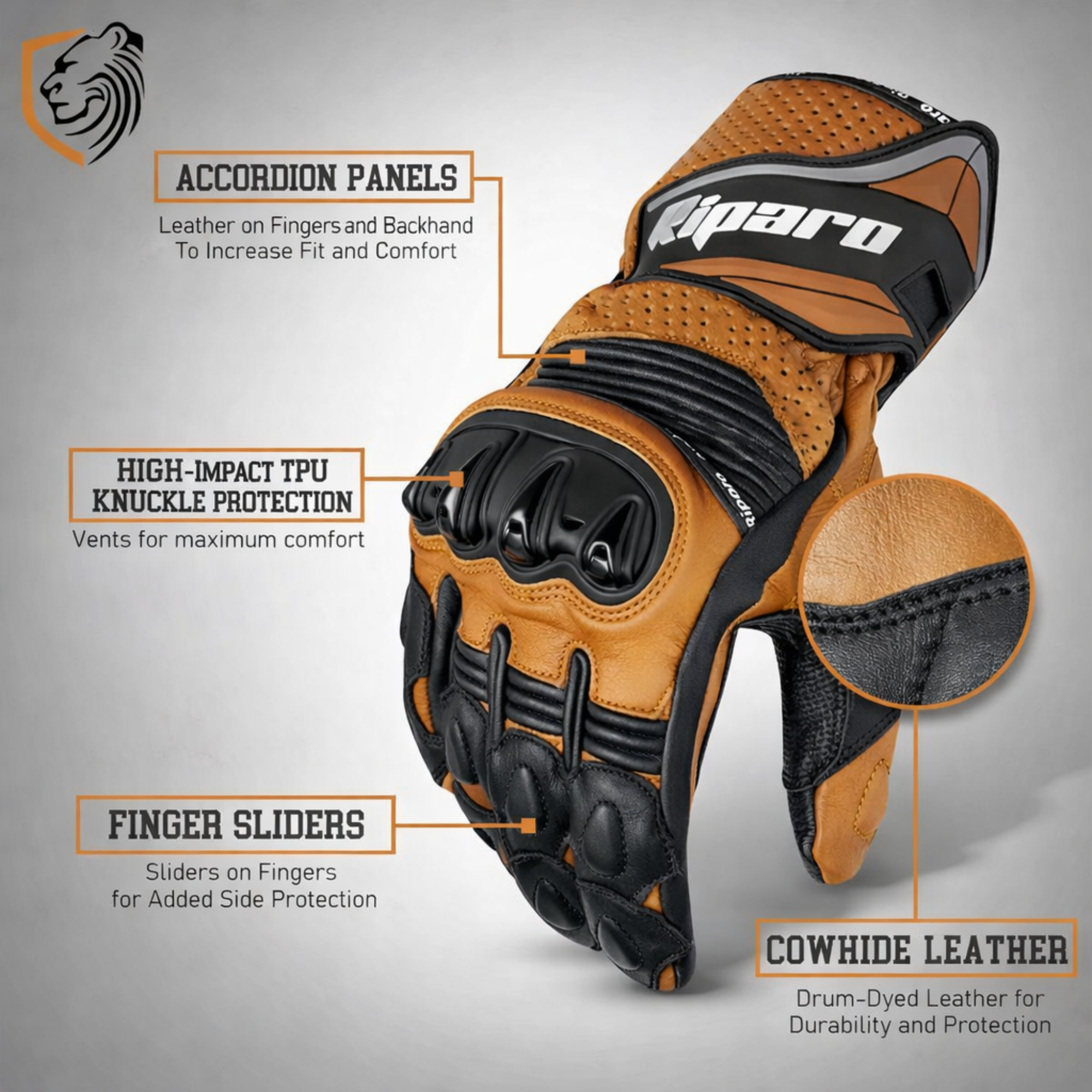 CE Level 2 KP Certified Motorcycle Gloves – Full-Grain Leather, Knuckle Protection & Touchscreen Compatible