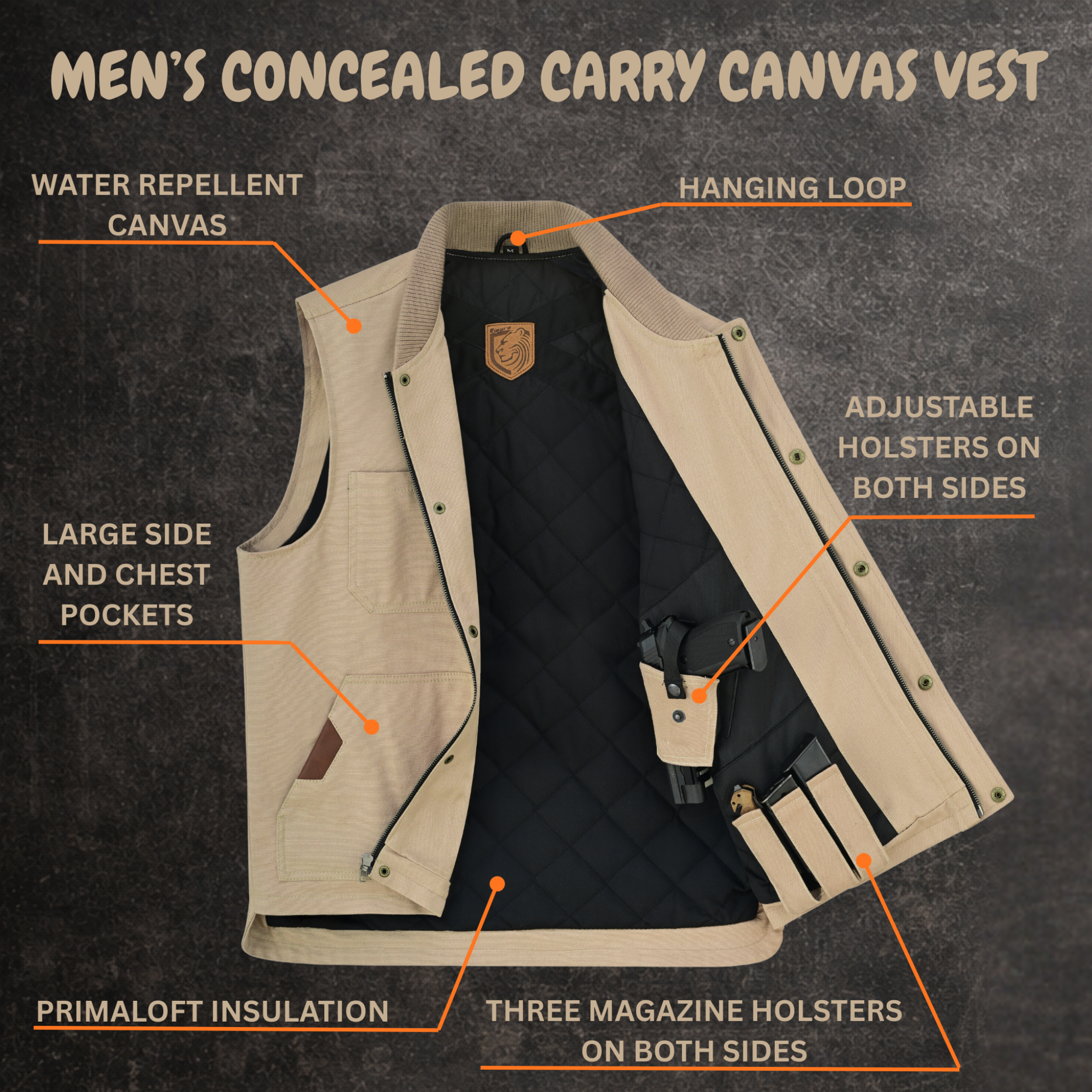 Riparo Men’s Concealed Carry CCW Vest – Heavy-Duty Water Repellent Canvas – Dual Internal Holster Pockets – Insulated - Biege