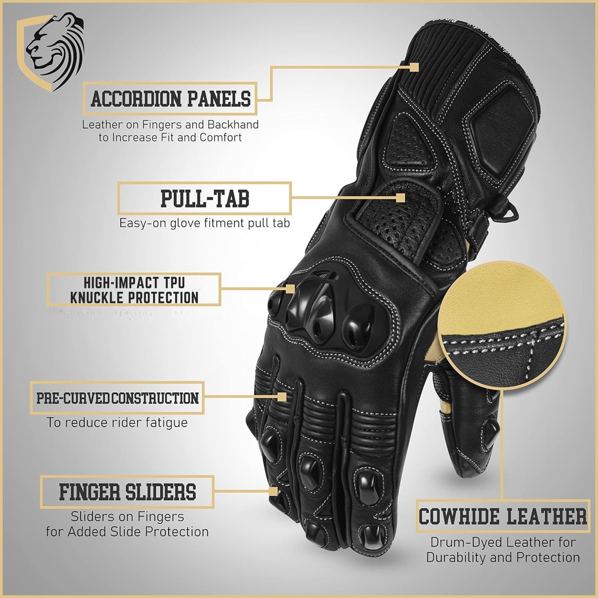 Riparo CE Certified Full Gauntlet Leather Motorcycle Gloves – Full-Grain Cowhide Riding Gloves with Knuckle & Palm Protection, Touchscreen Compatible