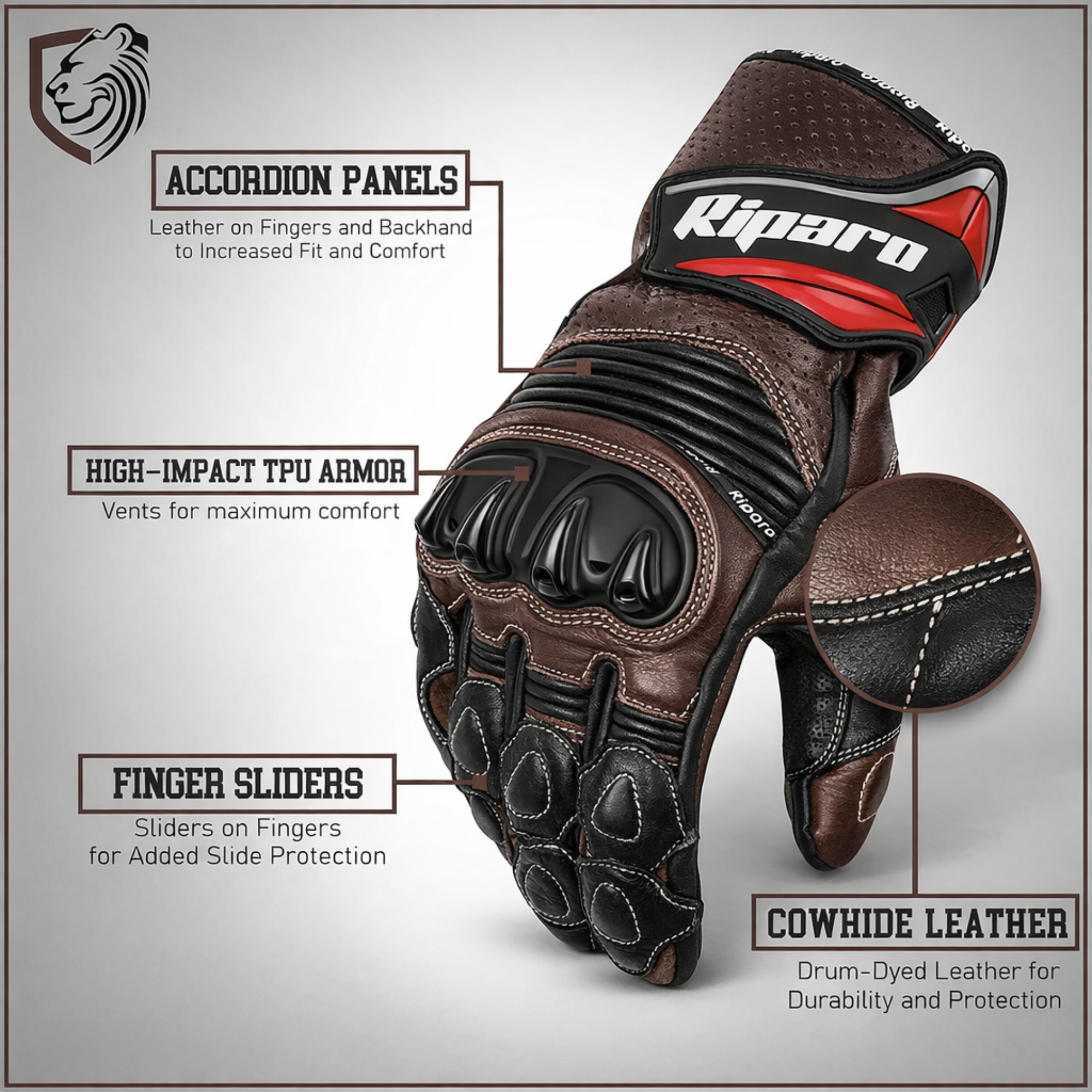 CE Level 2 KP Certified Motorcycle Gloves – Full-Grain Leather, Knuckle Protection & Touchscreen Compatible