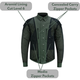 Riparo Motorcycle Riding Long Sleeve Shirt, Armored Shirt with Kevlar and CE Removable Protectors - Olive Green