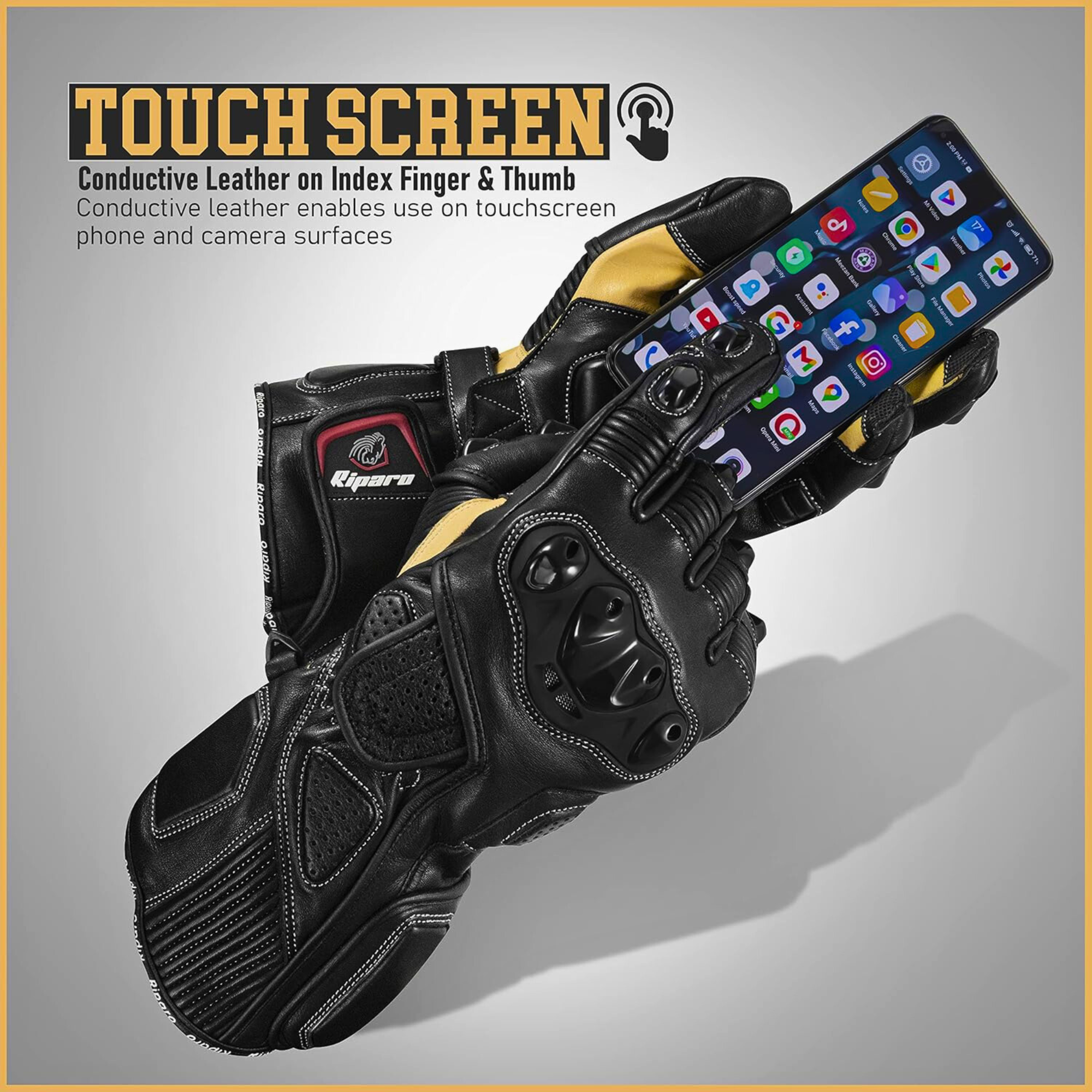 Riparo CE Certified Full Gauntlet Motorcycle Gloves – Kangaroo Leather Palm for Superior Abrasion Resistance, Knuckle & Palm Protection, Touchscreen Compatible