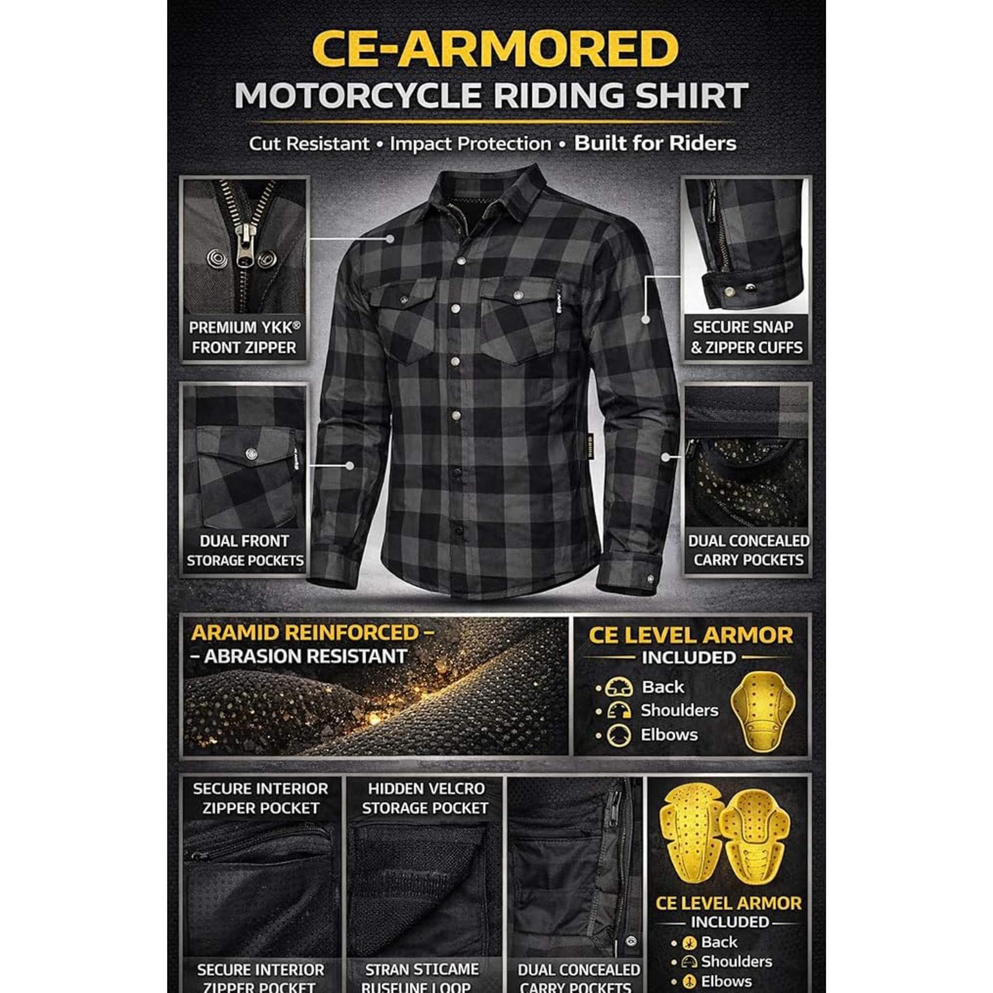 CE A Rated Armored Motorcycle Riding Shirt – Kevlar Reinforced with CE Level 1 Armor (Lightweight & Breathable) | Riparo