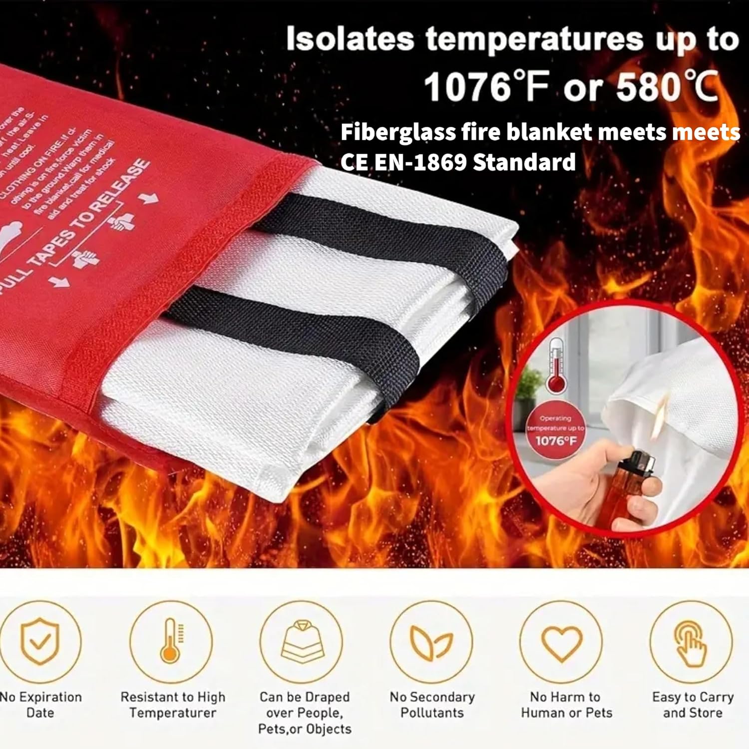 Fireproof Safety Blankets for Home and Kitchen - 2 Pack W/Hooks – 40" x 40" - Fire Retardant Blanket