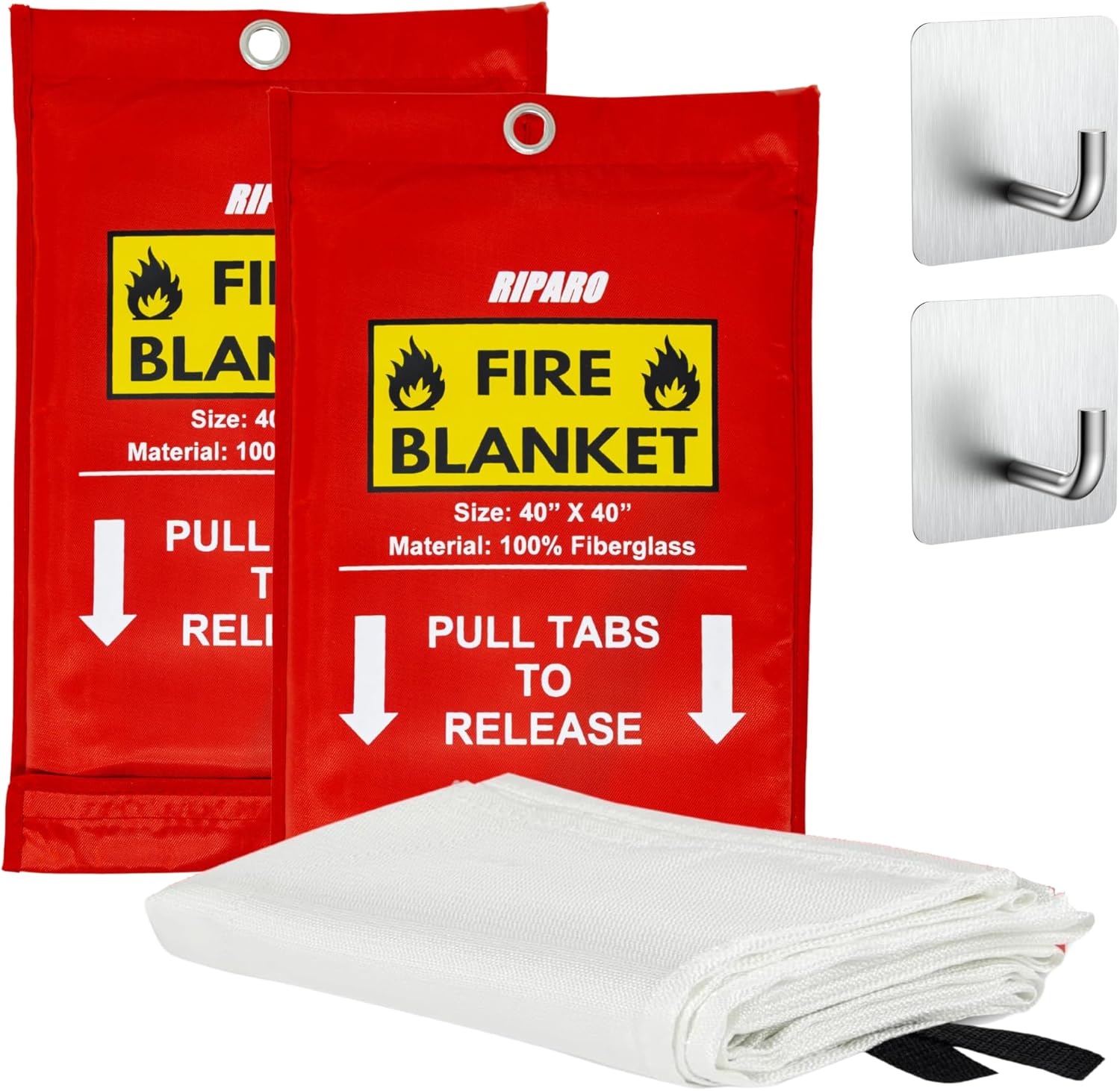 Fireproof Safety Blankets for Home and Kitchen - 2 Pack W/Hooks – 40" x 40" - Fire Retardant Blanket