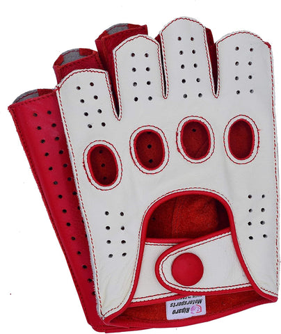 Women's Reverse Stitched Fingerless Leather Driving Gloves - White/Red