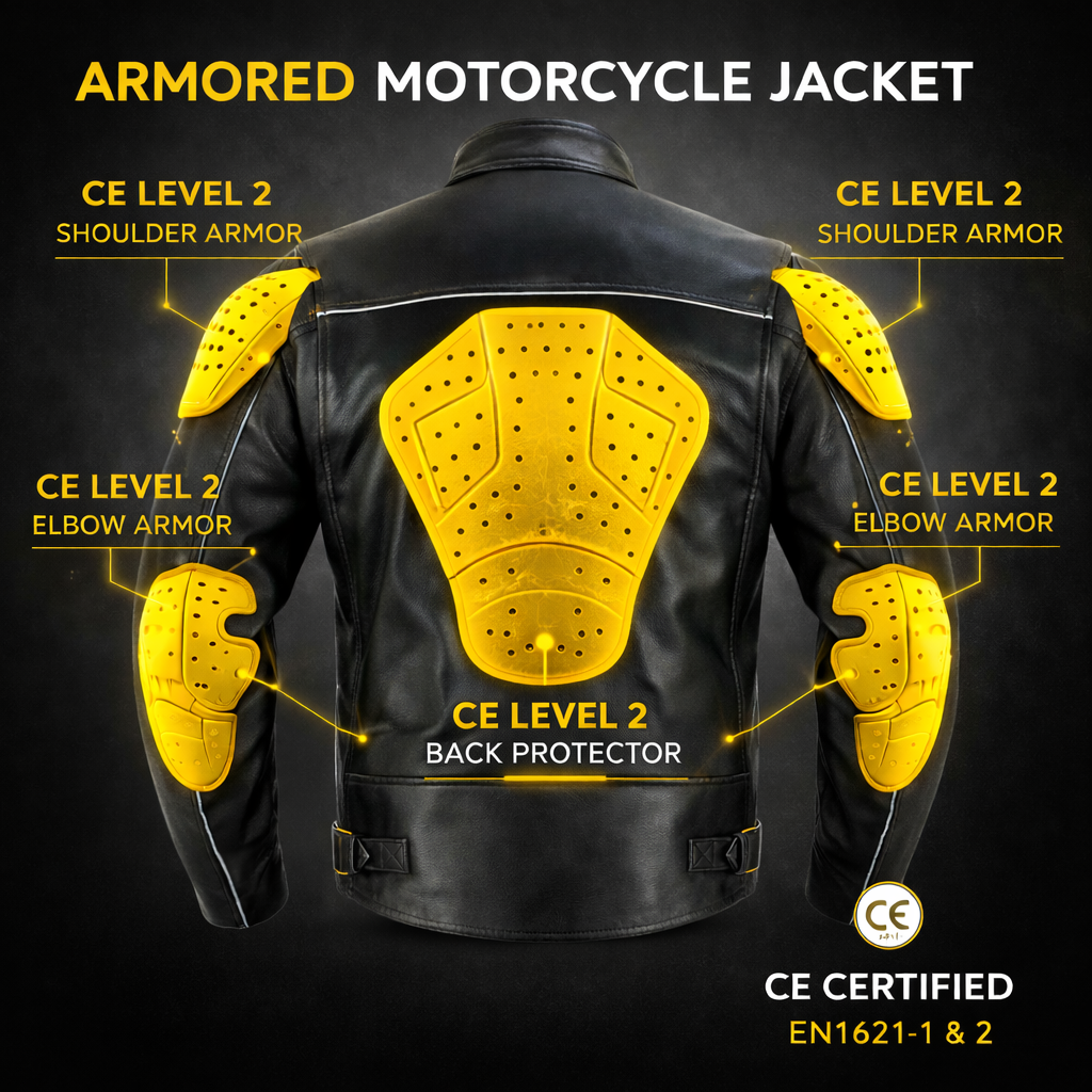 Riparo CE Level 2 Armored Leather Motorcycle Jacket – Full-Grain Leather Riding Jacket with Removable Shoulder, Elbow & Back Protection