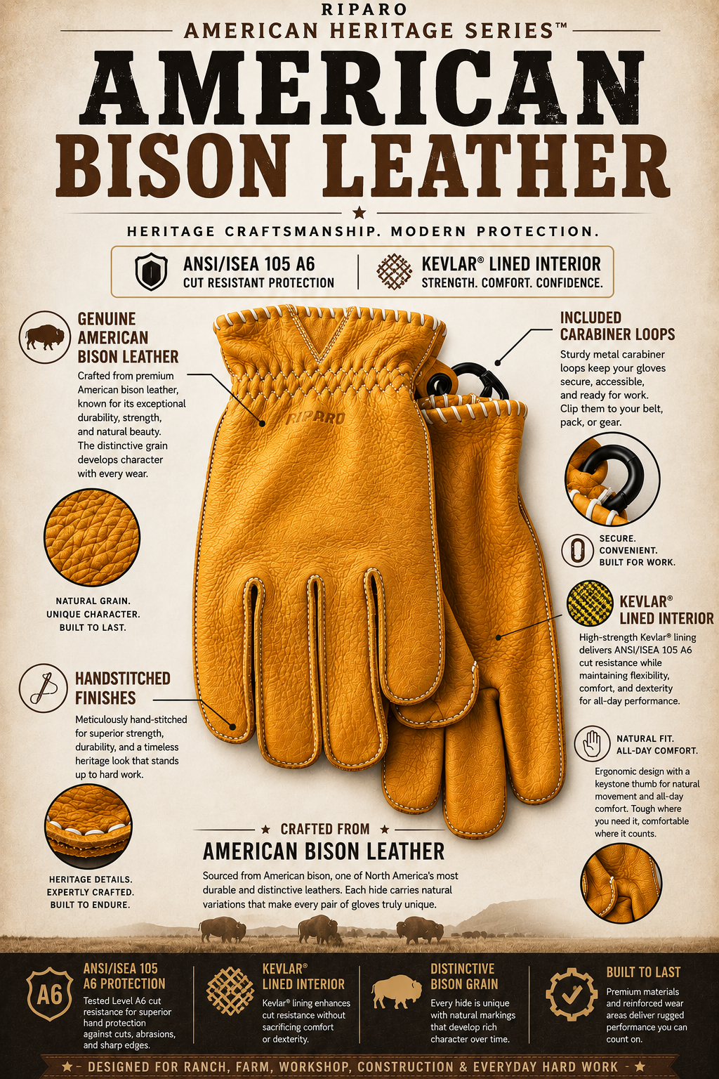 American Heritage Kevlar-Lined Bison Leather Work Gloves – ANSI A6 Cut Resistant Protection